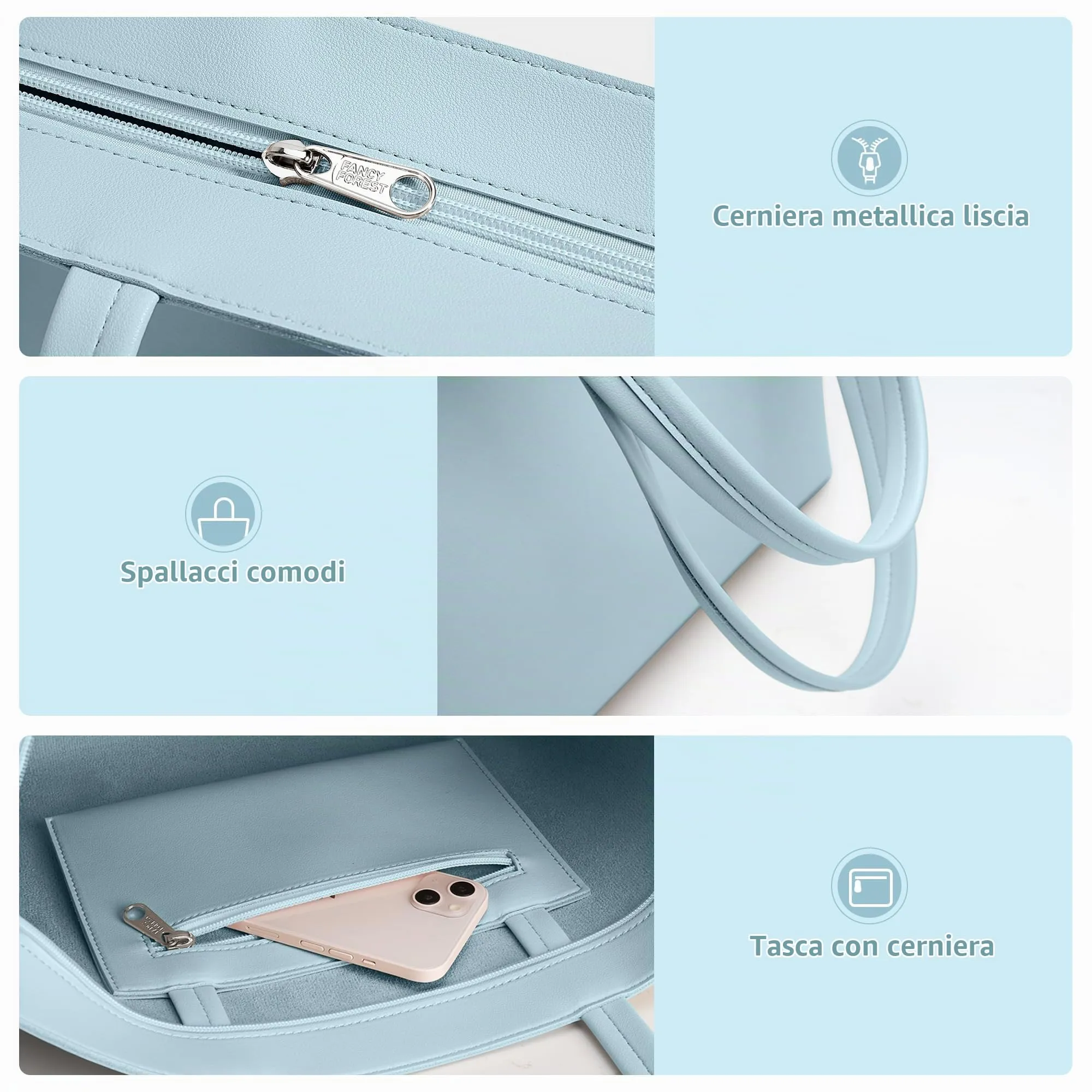 KALIDI, Borsa larga da donna, con cerniera, impermeabile, in poliuretano, per lavoro, scuola, viaggi, uso quotidiano, Blu - immagine 6
