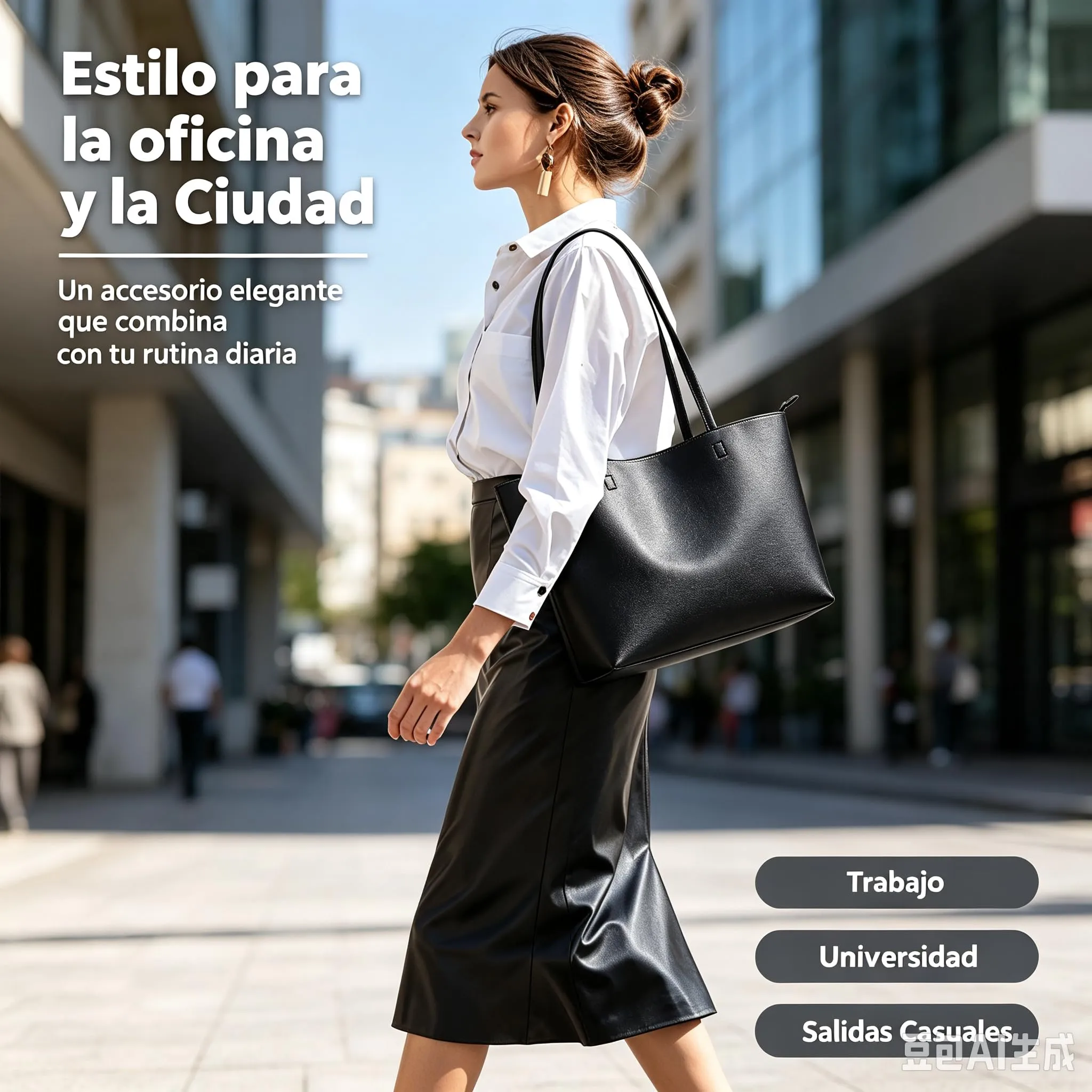 KALIDI, Borsa larga da donna, con cerniera, impermeabile, in poliuretano, per lavoro, scuola, viaggi, uso quotidiano, Nero - immagine 2