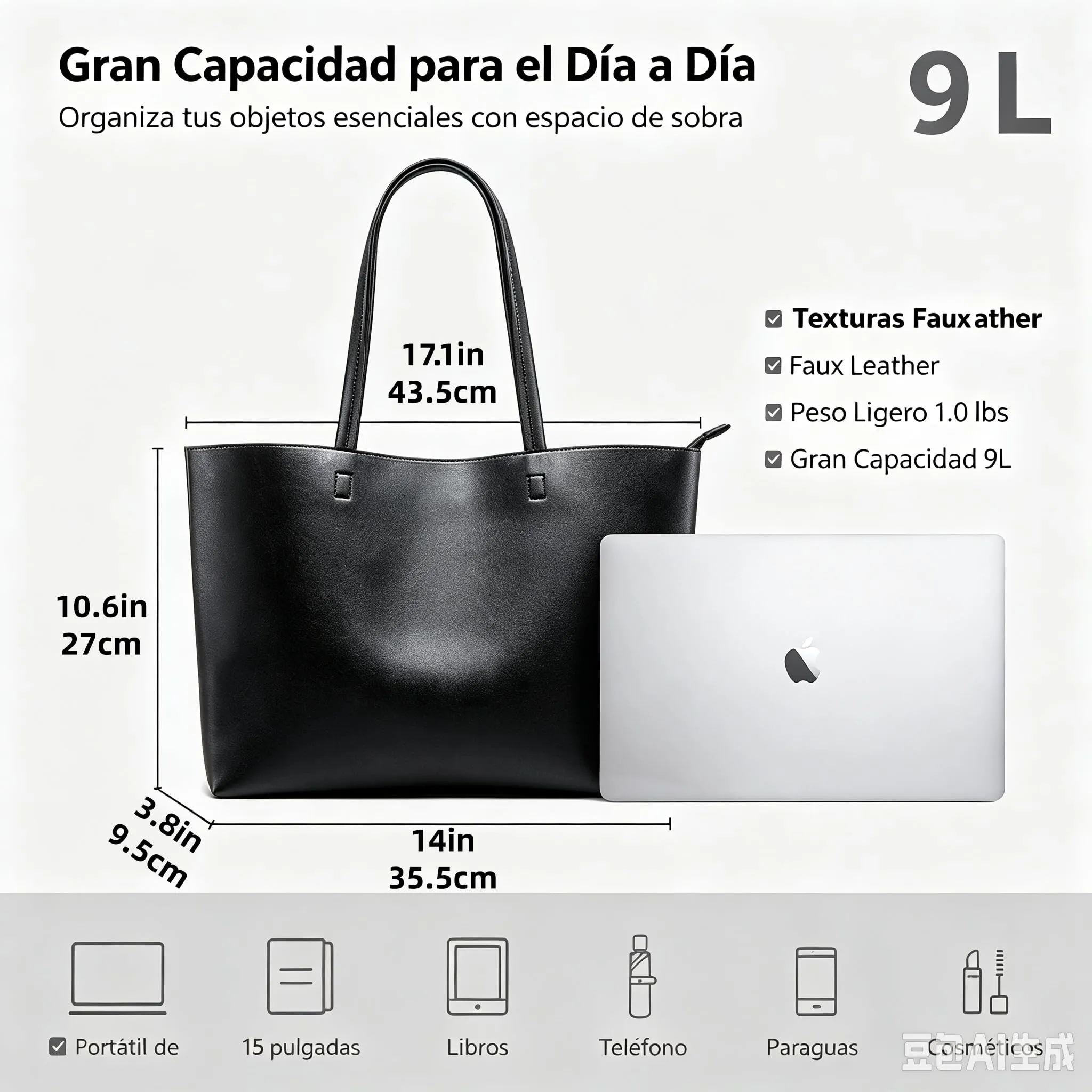 KALIDI, Borsa larga da donna, con cerniera, impermeabile, in poliuretano, per lavoro, scuola, viaggi, uso quotidiano, Nero - immagine 3