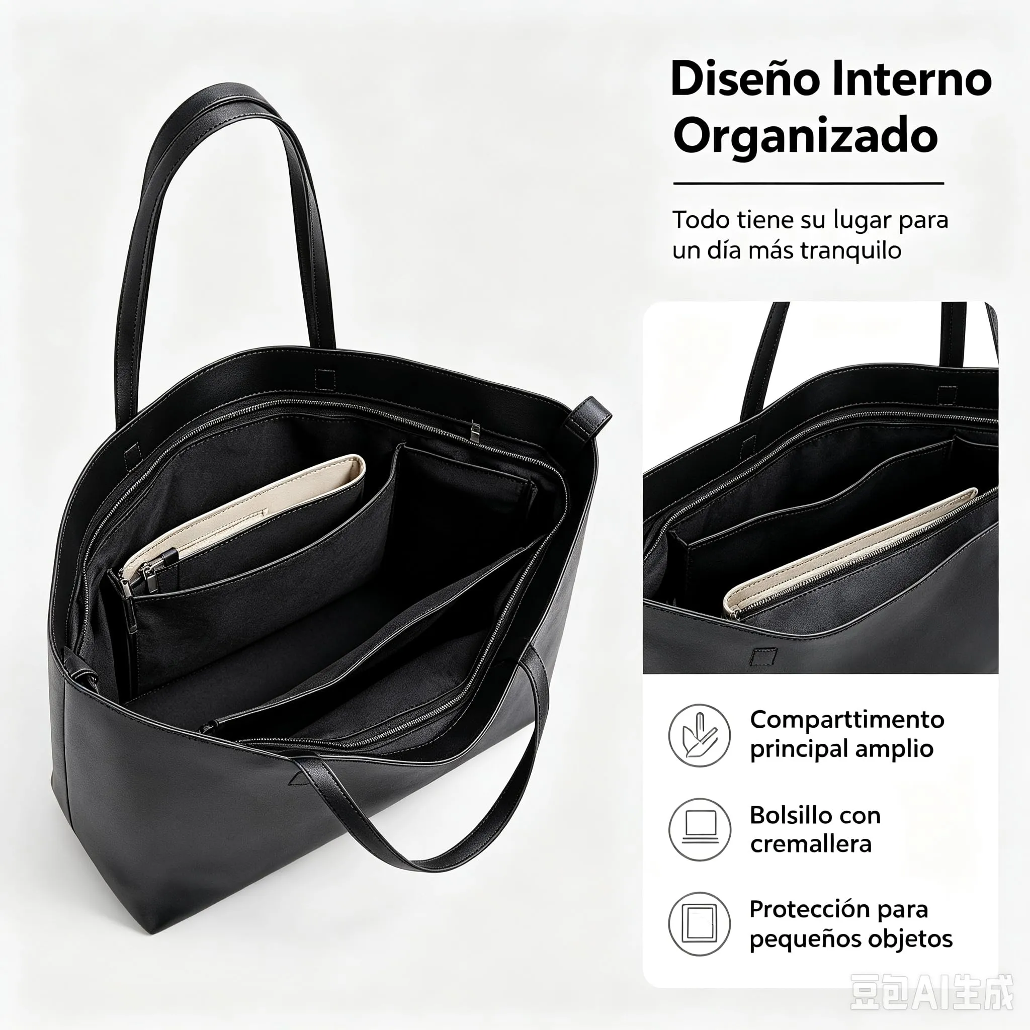 KALIDI, Borsa larga da donna, con cerniera, impermeabile, in poliuretano, per lavoro, scuola, viaggi, uso quotidiano, Nero - immagine 4