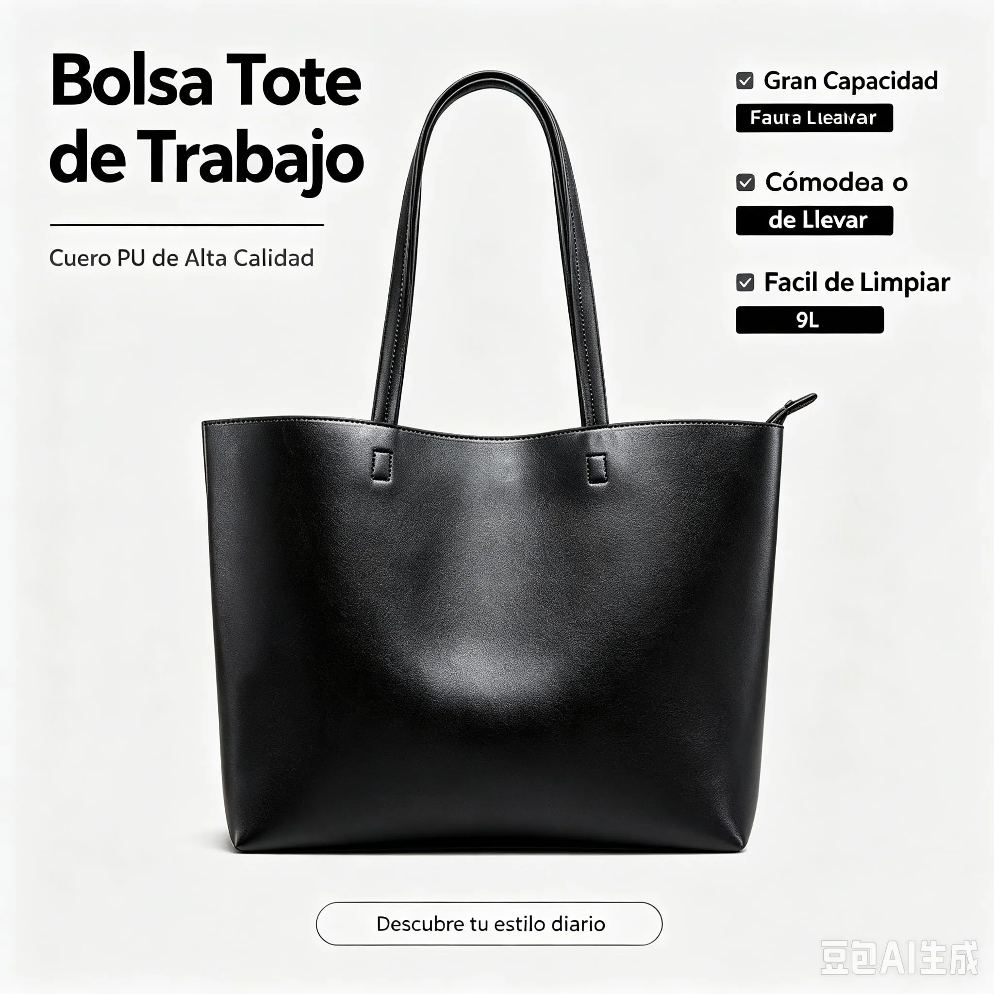 KALIDI, Borsa larga da donna, con cerniera, impermeabile, in poliuretano, per lavoro, scuola, viaggi, uso quotidiano, Nero - immagine 5