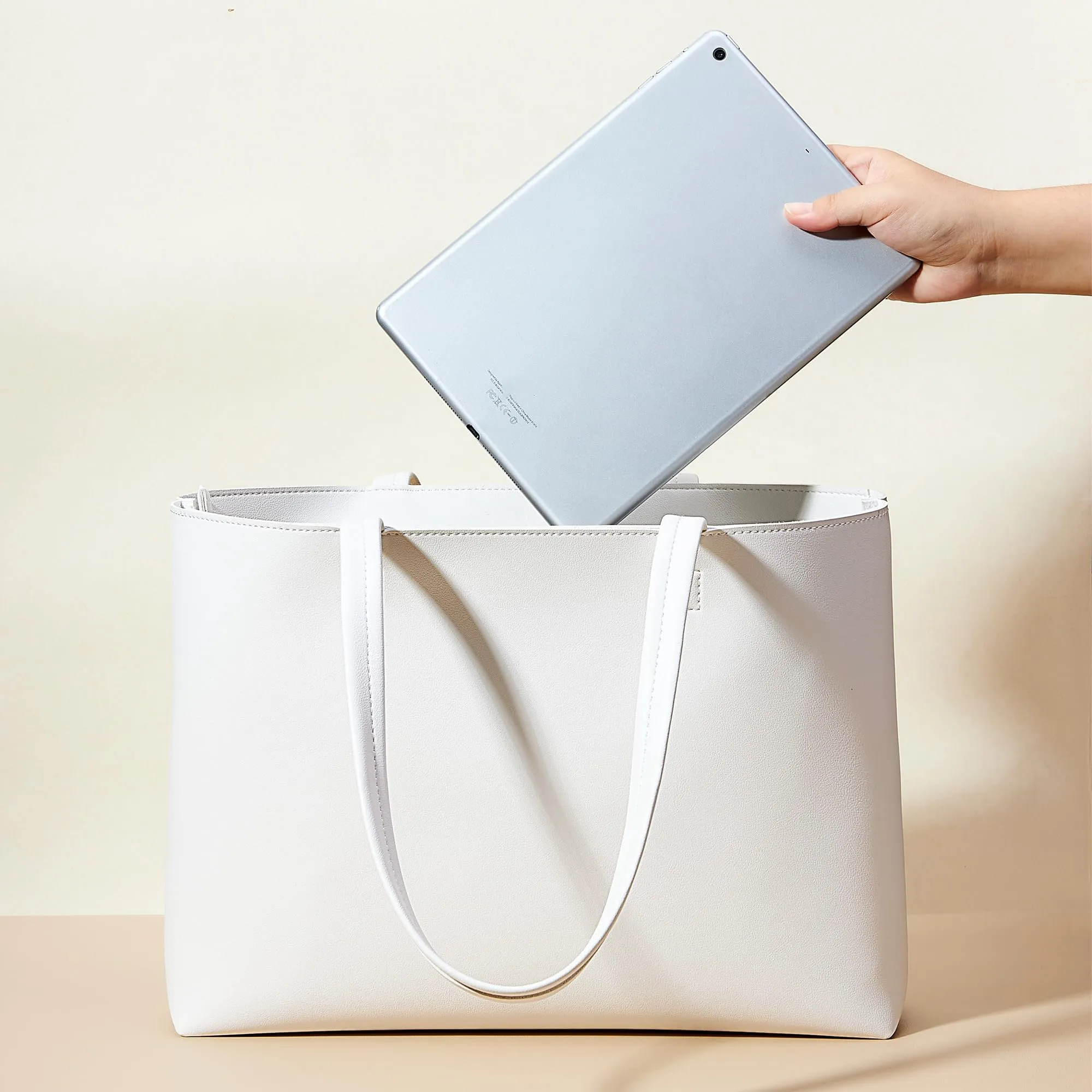 KALIDI, Borsa larga da donna, con cerniera, impermeabile, in poliuretano, per lavoro, scuola, viaggi, uso quotidiano, Beige, L - immagine 3