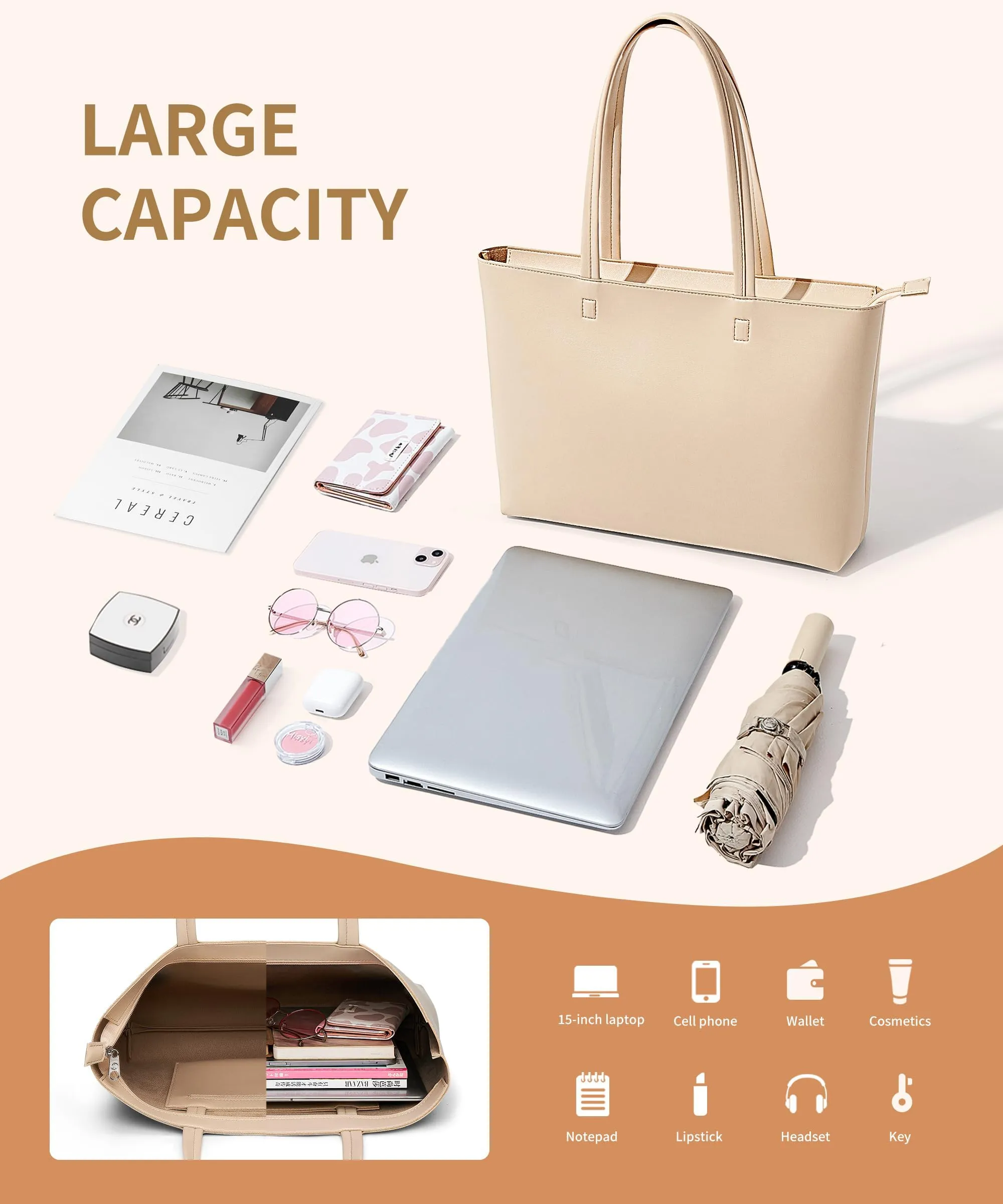 KALIDI, Borsa larga da donna, con cerniera, impermeabile, in poliuretano, per lavoro, scuola, viaggi, uso quotidiano, Beige, L - immagine 5