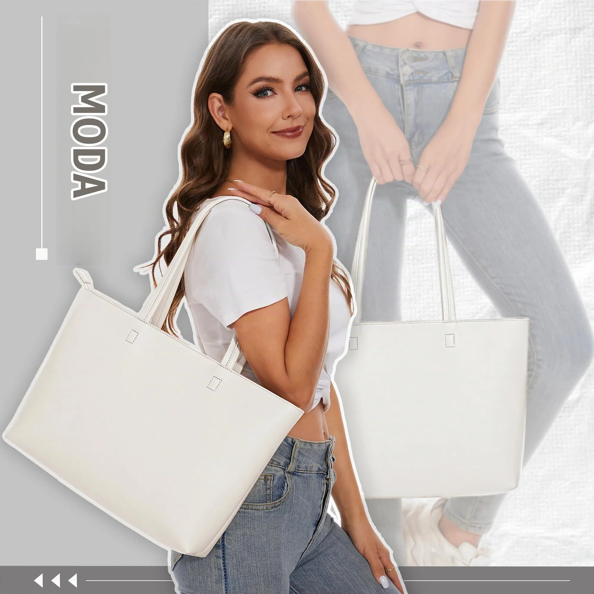 KALIDI, Borsa larga da donna, con cerniera, impermeabile, in poliuretano, per lavoro, scuola, viaggi, uso quotidiano, bianco - immagine 2