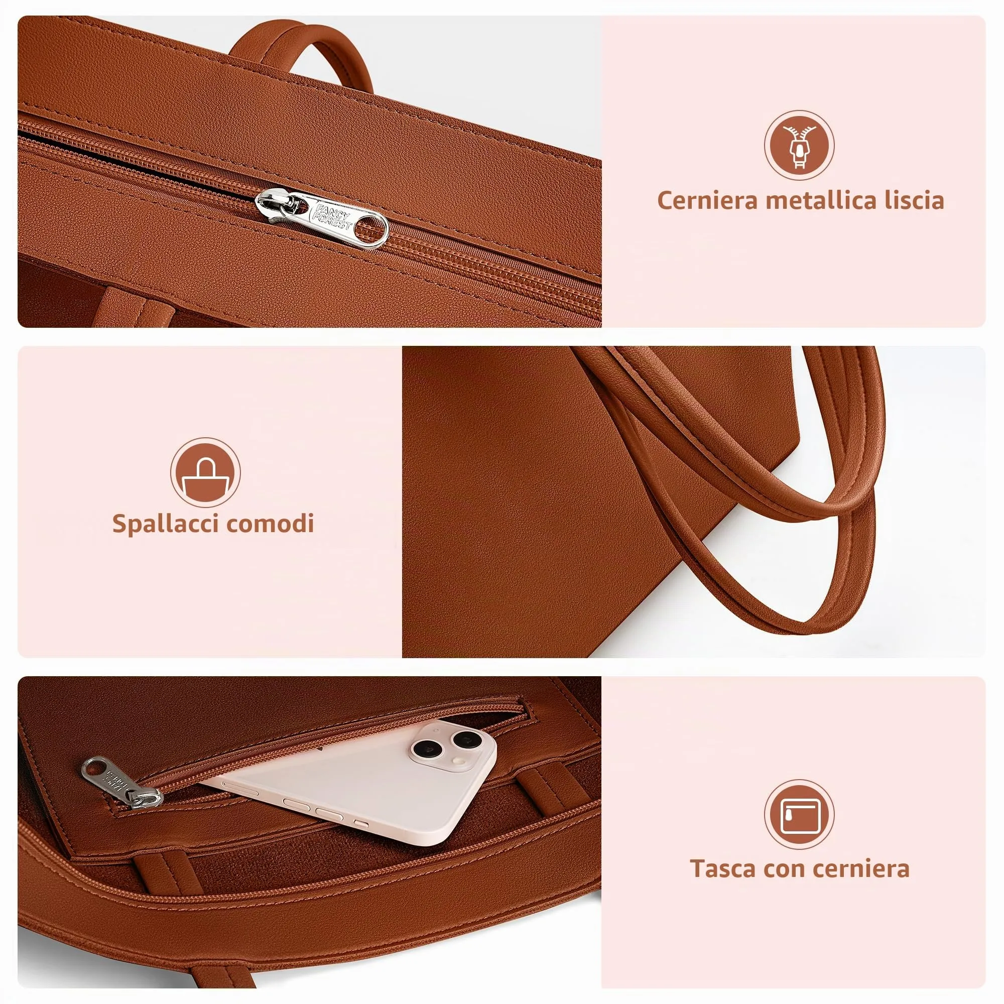 KALIDI, Borsa larga da donna, con cerniera, impermeabile, in poliuretano, per lavoro, scuola, viaggi, uso quotidiano, Marrone, L - immagine 6