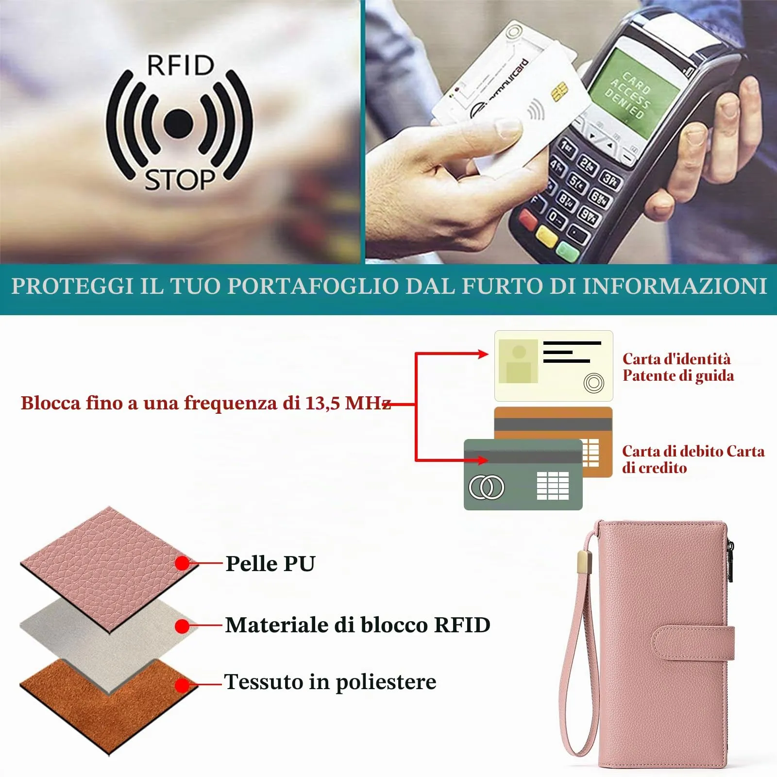GOIACII Portafoglio Donna Grande Formato Lungo Portafogli Pelle RFID Blocco con Slot per Schede Multiple Portamonete da Polso - immagine 5