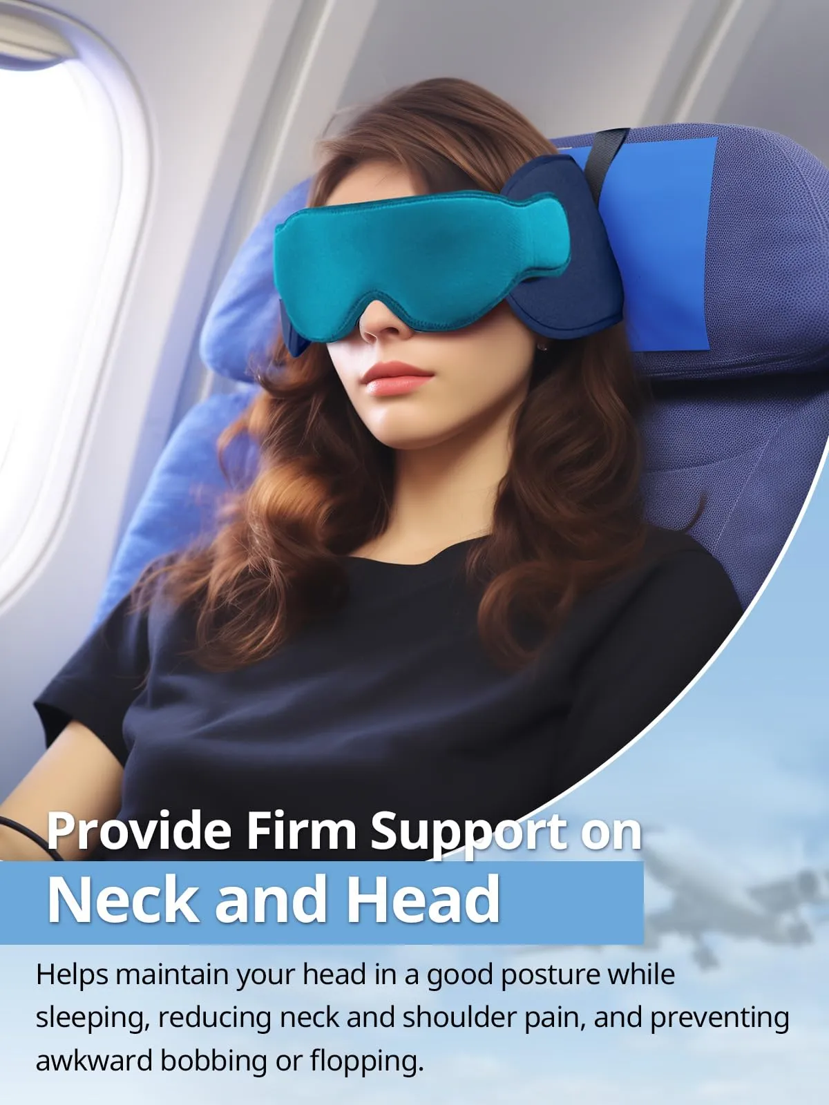 Inspireyes Cuscini da viaggio aerei, accessori da viaggio approvati FSA HSA per voli lunghi con supporto testa, cuscino da viaggio auto per bambini, maschera per dormire in aereo, Blu reale - immagine 2