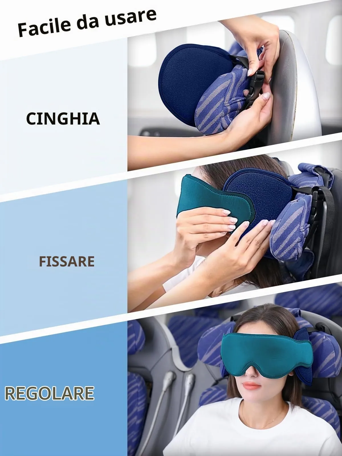 Inspireyes Cuscini da viaggio aerei, accessori da viaggio approvati FSA HSA per voli lunghi con supporto testa, cuscino da viaggio auto per bambini, maschera per dormire in aereo, Blu reale - immagine 5