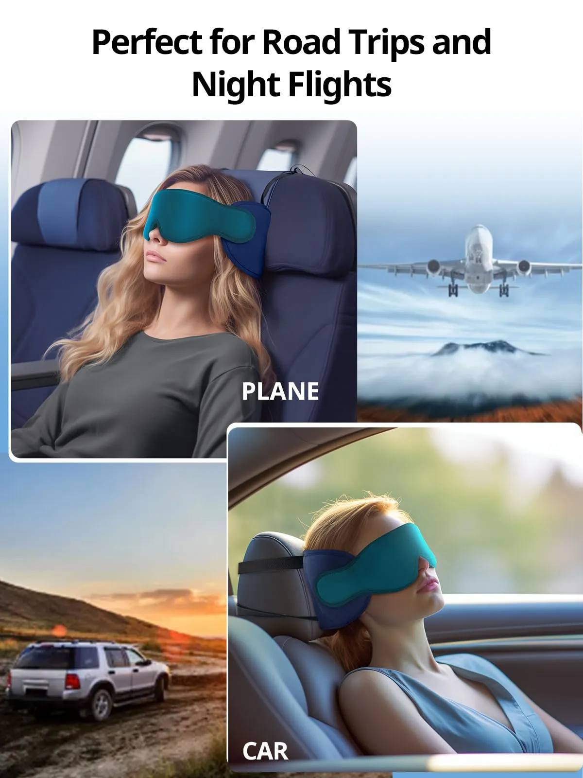 Inspireyes Cuscini da viaggio aerei, accessori da viaggio approvati FSA HSA per voli lunghi con supporto testa, cuscino da viaggio auto per bambini, maschera per dormire in aereo, Blu reale - immagine 7
