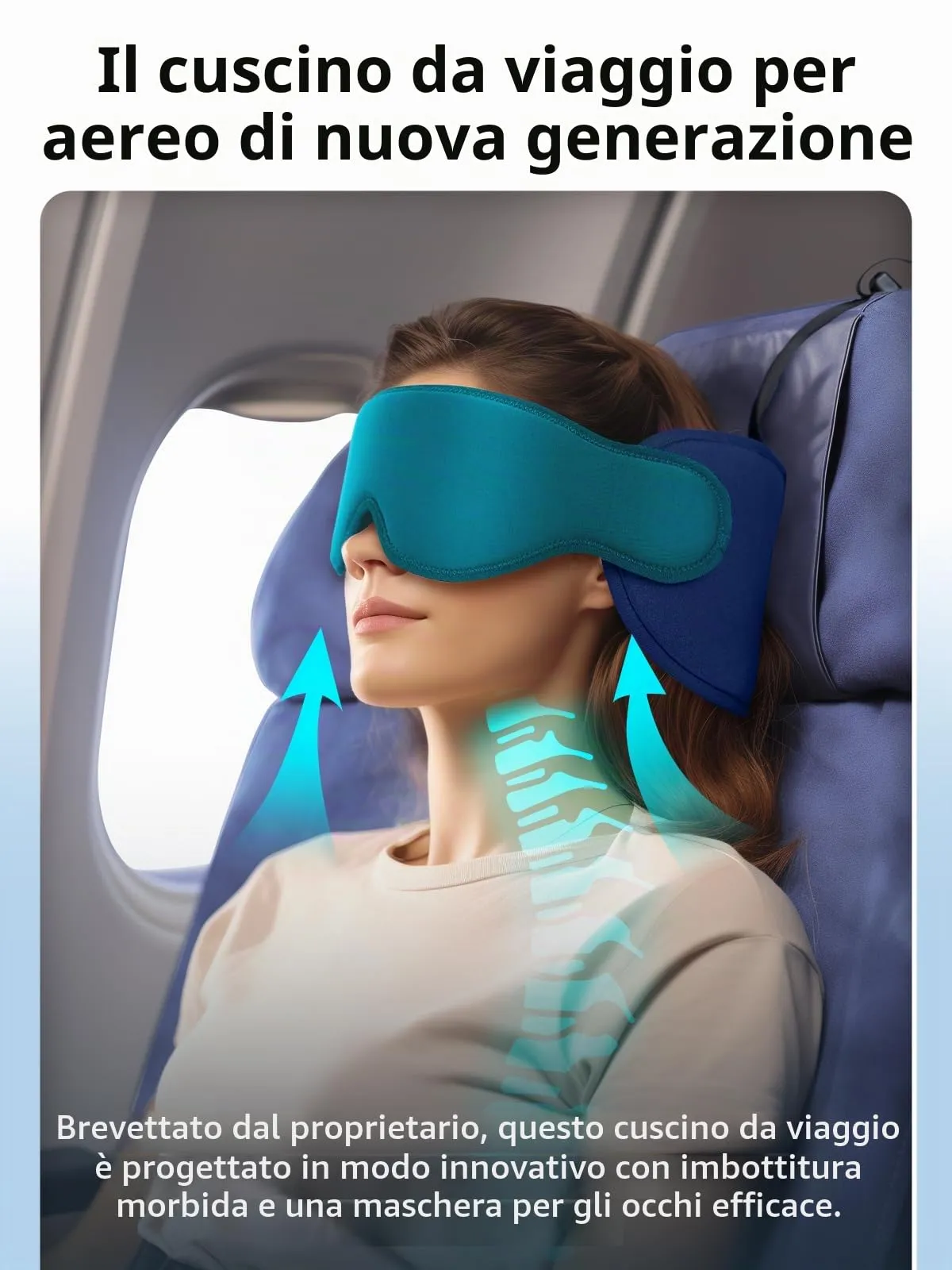 Inspireyes Cuscini da viaggio aerei, accessori da viaggio approvati FSA HSA per voli lunghi, cuscino da viaggio auto per bambini, maschera per dormire in aereo, Blu lago - immagine 3