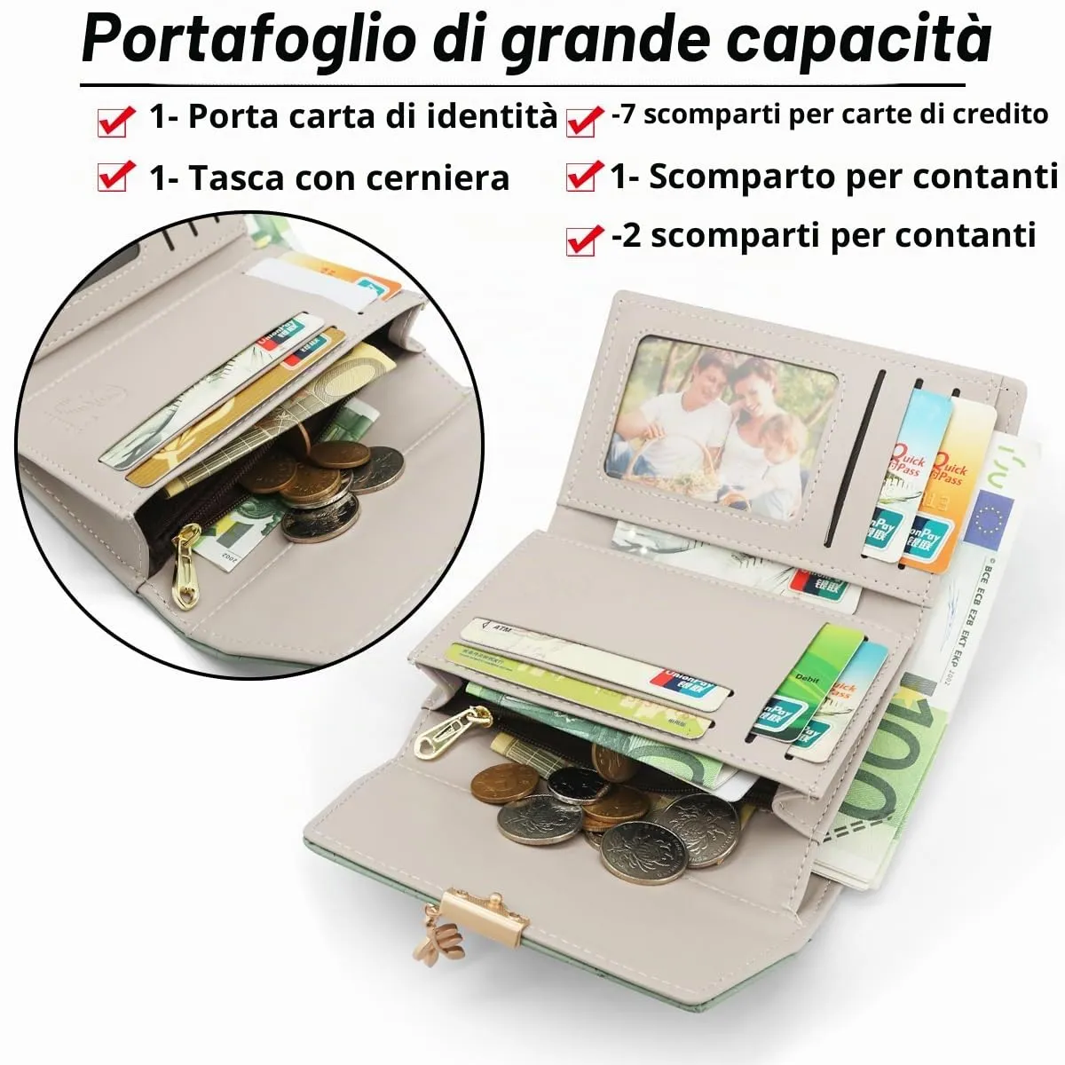 REETEE Portafoglio Donna Piccolo in Pelle PU Corto Portafogli Donna con Portamonete di Cerniera, Small Portamonete Donna con 6 Slot Schede Mini Portafoglio Donna - immagine 2
