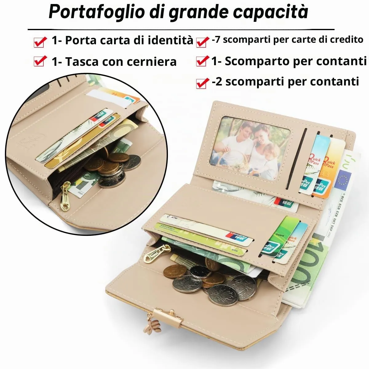 REETEE Portafoglio Donna Piccolo in Pelle PU Corto Portafogli Donna con Portamonete di Cerniera, Small Portamonete Donna con 6 Slot Schede Mini Portafoglio Donna (L-Albicocca) - immagine 2