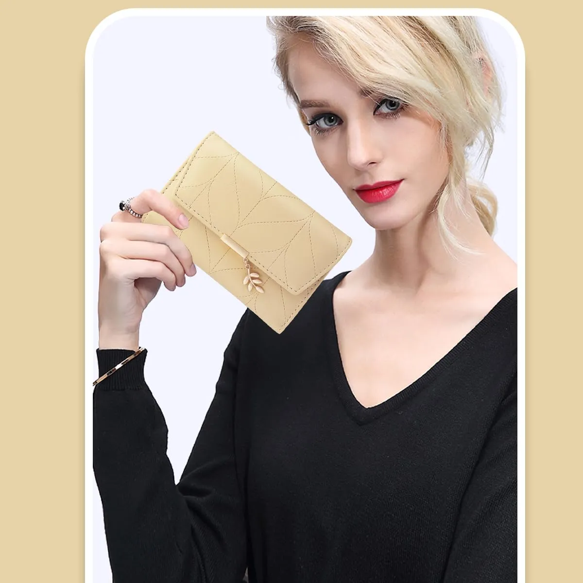 REETEE Portafoglio Donna Piccolo in Pelle PU Corto Portafogli Donna con Portamonete di Cerniera, Small Portamonete Donna con 6 Slot Schede Mini Portafoglio Donna (L-Albicocca) - immagine 7