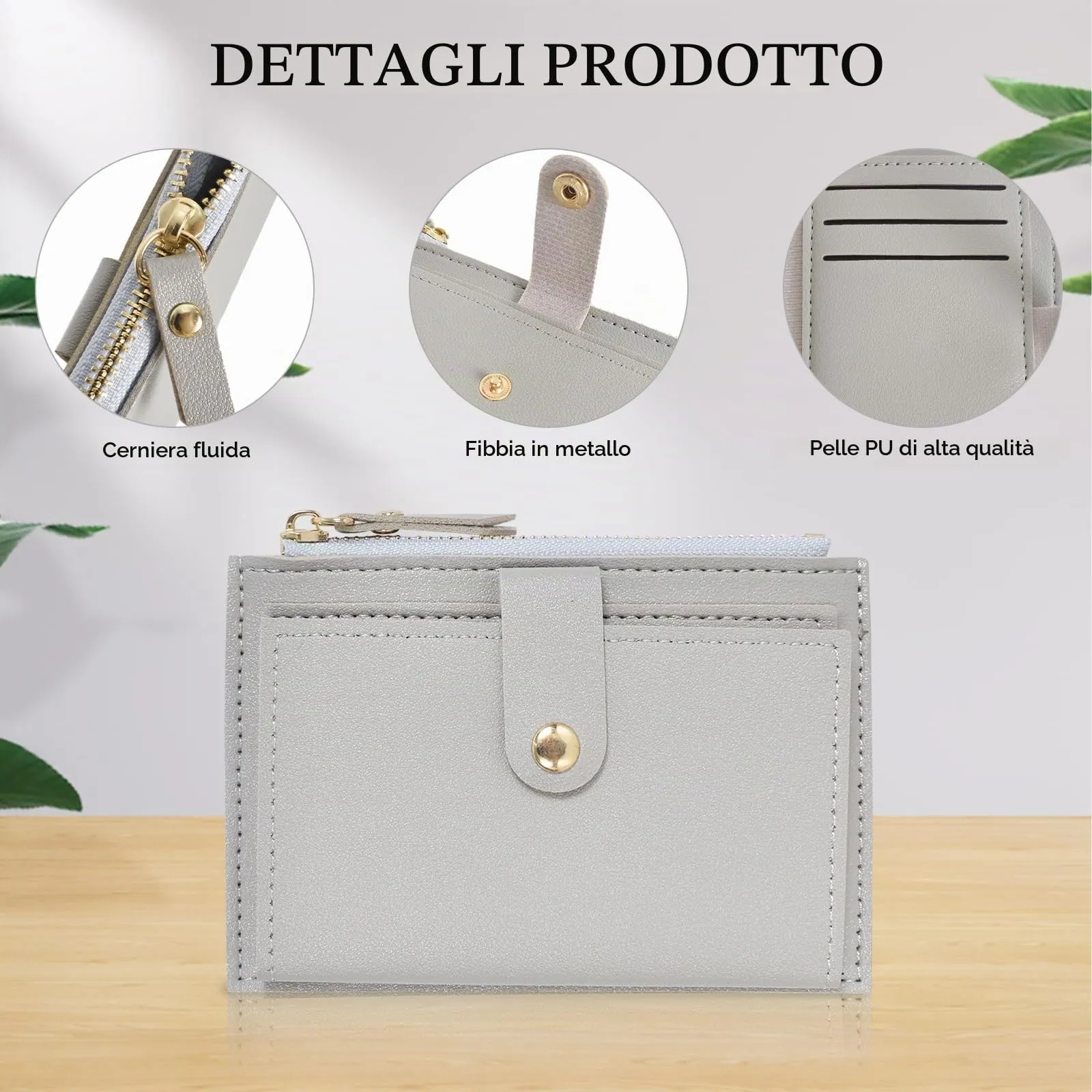 DEARBAG Portafoglio Donna Piccoli, Porta Carte di Credito in Pelle PU, Portamonete con Cerniera, Portafogli Corto Donna, con 6 Slot Schede, per Donnas Ragazza Signore, 14 * 9 * 0.5cm (grigio chiaro) - immagine 3