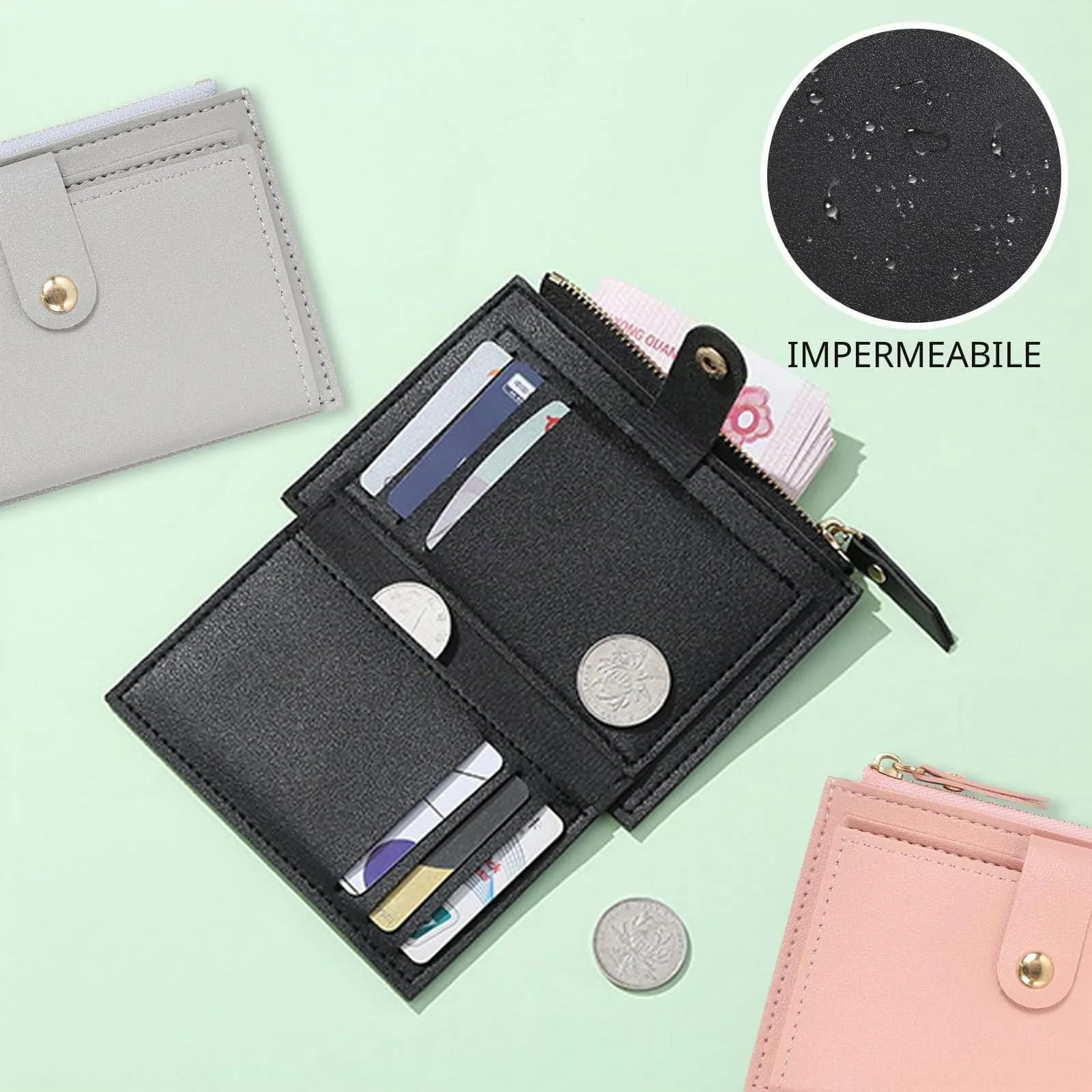 DEARBAG Portafoglio Donna Piccoli, Porta Carte di Credito in Pelle PU, Portamonete con Cerniera, Portafogli Corto Donna, con 6 Slot Schede, per Donnas Ragazza Signore, 14 * 9 * 0.5cm (grigio chiaro) - immagine 5