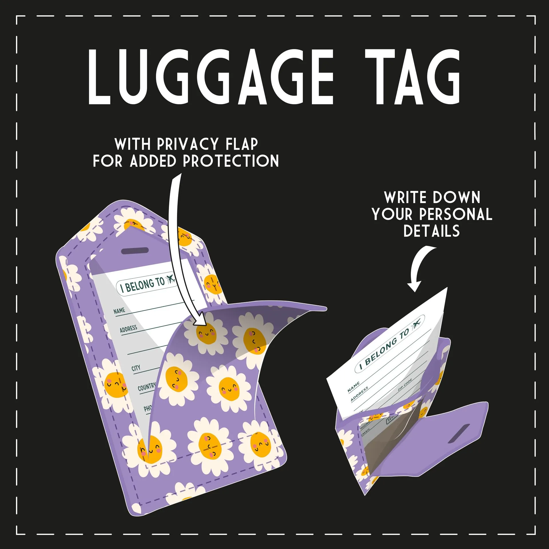Legami - Etichetta Bagaglio, Luggage Tag per Valigia, Accessorio per Viaggio Aereo Crociera Treno, Tag del Bagaglio per Proteggi Dati in Pelle PU e Microfibra, Daisy - immagine 2
