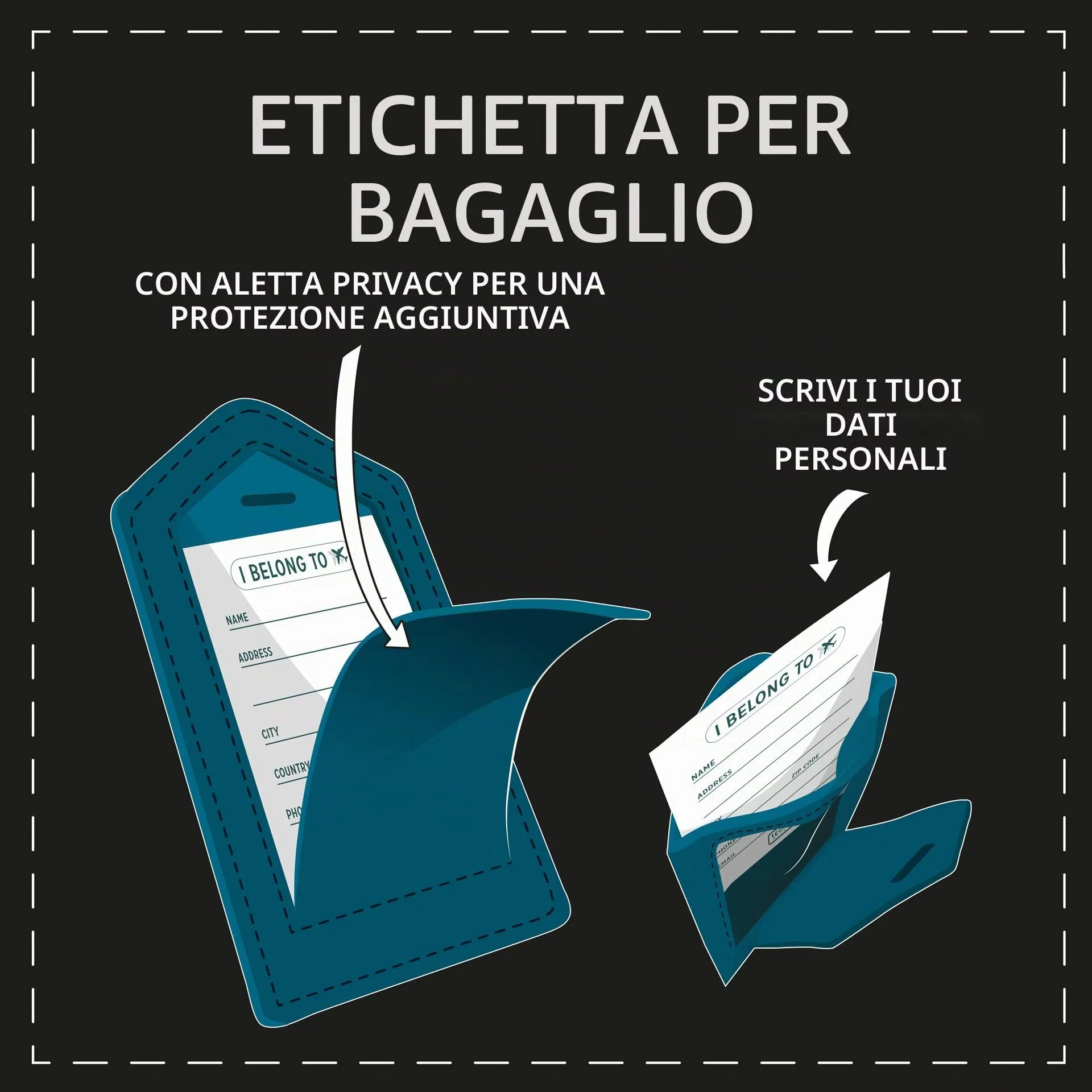 Legami - Etichetta Bagaglio, Luggage Tag per Valigia, Accessorio per Viaggio Aereo Crociera Treno, Tag del Bagaglio per Proteggi Dati in Pelle PU e Microfibra, Petrol Blue - immagine 2