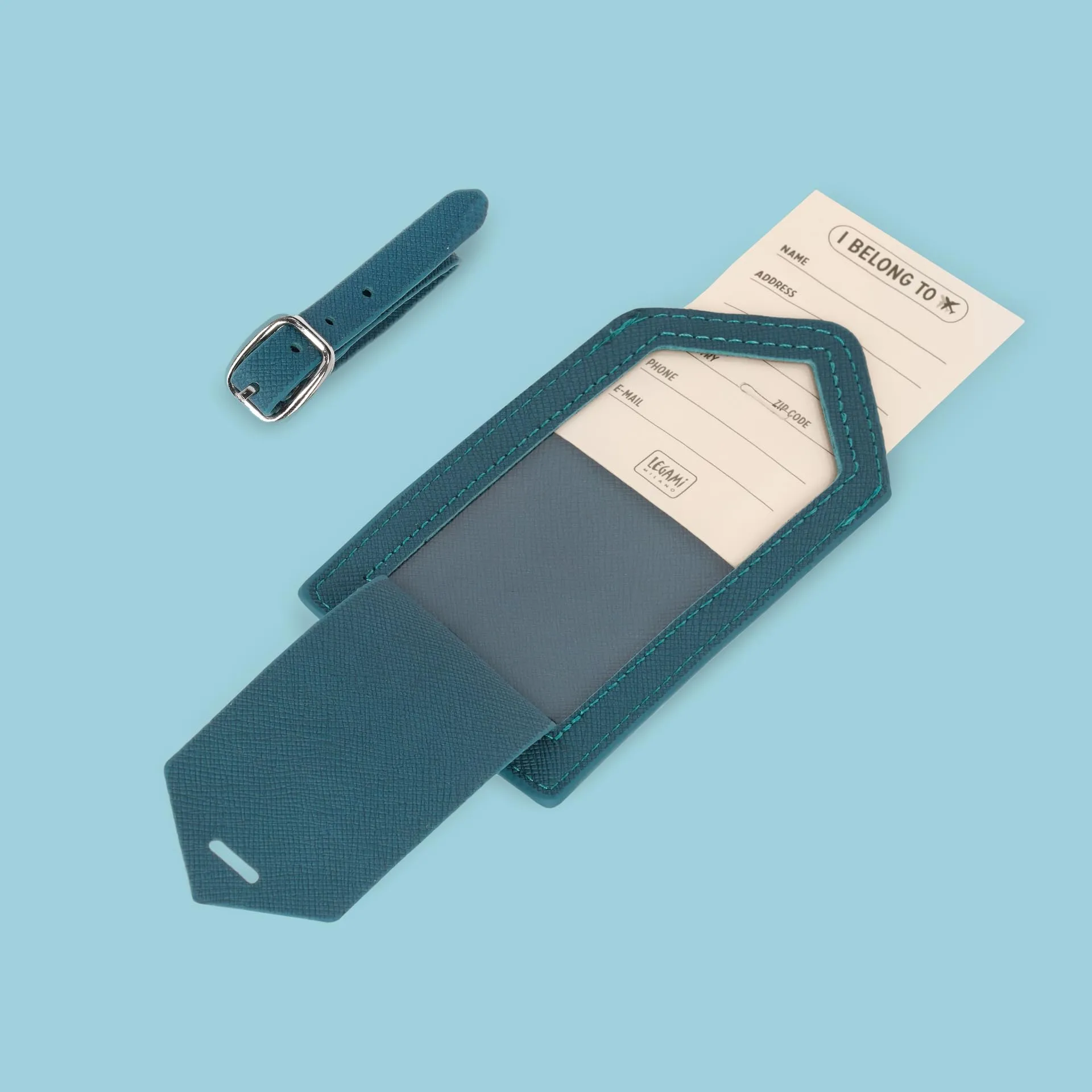 Legami - Etichetta Bagaglio, Luggage Tag per Valigia, Accessorio per Viaggio Aereo Crociera Treno, Tag del Bagaglio per Proteggi Dati in Pelle PU e Microfibra, Petrol Blue - immagine 3