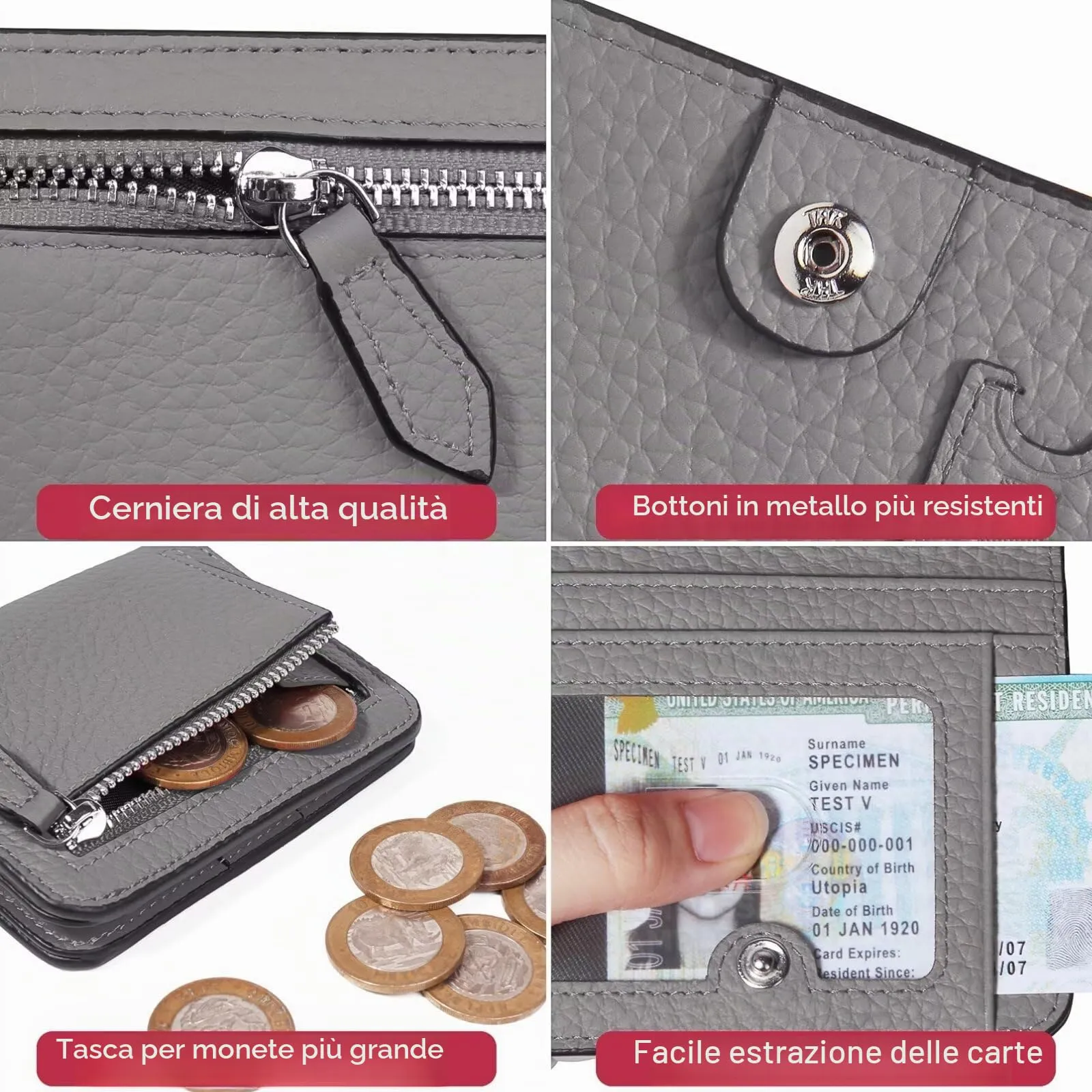 GADIEMKENSD Small Wallet Bifold RFID Credit Card Holder for Men Leather Coin Ladies Purse RFID Blocking Mini Compact Pocket Wallet with Zipper Card Cash Slots Ultra Slim Minimalist Deep Grey - immagine 6