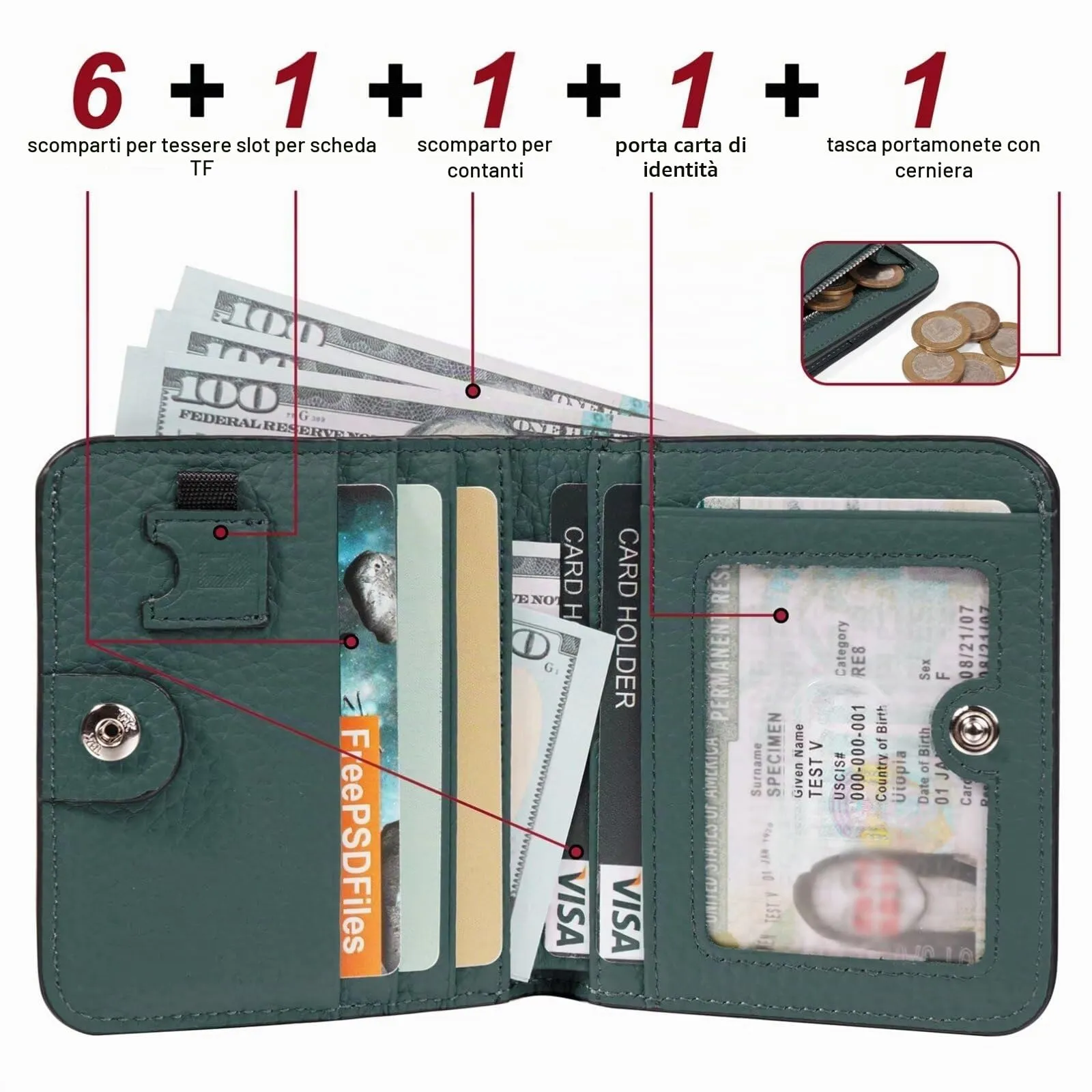 GADIEMKENSD Women Bi-fold Purse RFID Blocking Credit Card Holder Leather Travel Wallet for Woman Zipper Small Coin Pocket Cute Compact Ladies Purse with ID Window Card Cash Slots Ultra Slim Dark Green - immagine 2