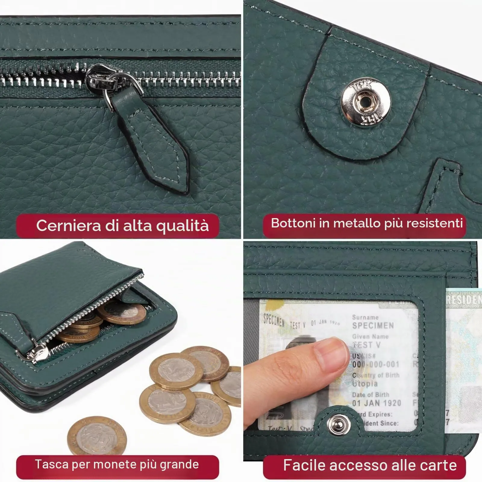 GADIEMKENSD Women Bi-fold Purse RFID Blocking Credit Card Holder Leather Travel Wallet for Woman Zipper Small Coin Pocket Cute Compact Ladies Purse with ID Window Card Cash Slots Ultra Slim Dark Green - immagine 6