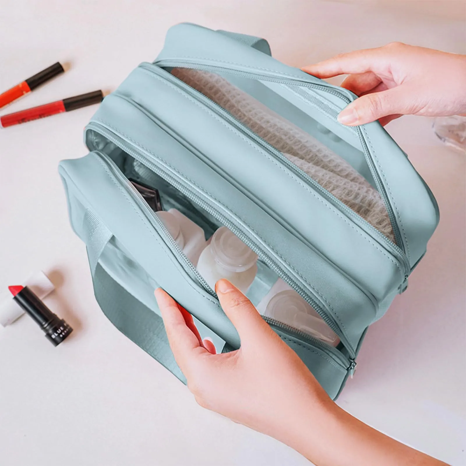 Borsa Cosmetica da Donna Borsa da Cultura da Uomo Asciutto e Separazione Nasale Portatile Impermeabile Borsa da Toilette con Grande Capacità Blu 28 x 12 x 15 cm / 11,02 x 4,72 x 5,91 Pollice - immagine 2