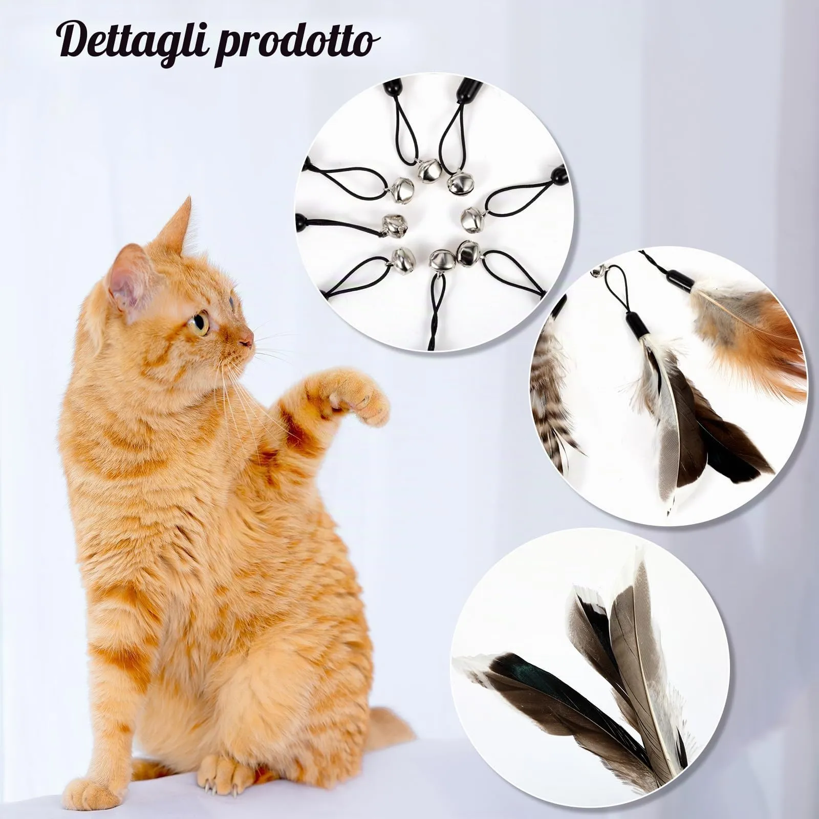 SRIZIAN 8 Pezzi Giocattoli Piume Gatto con Campanelli, Giocattolo per Gatti Teaser Piume,Ricariche Piume Ricambio con Campane, Giocattolo da Gioco per Palestra per gattino o gatto - immagine 3