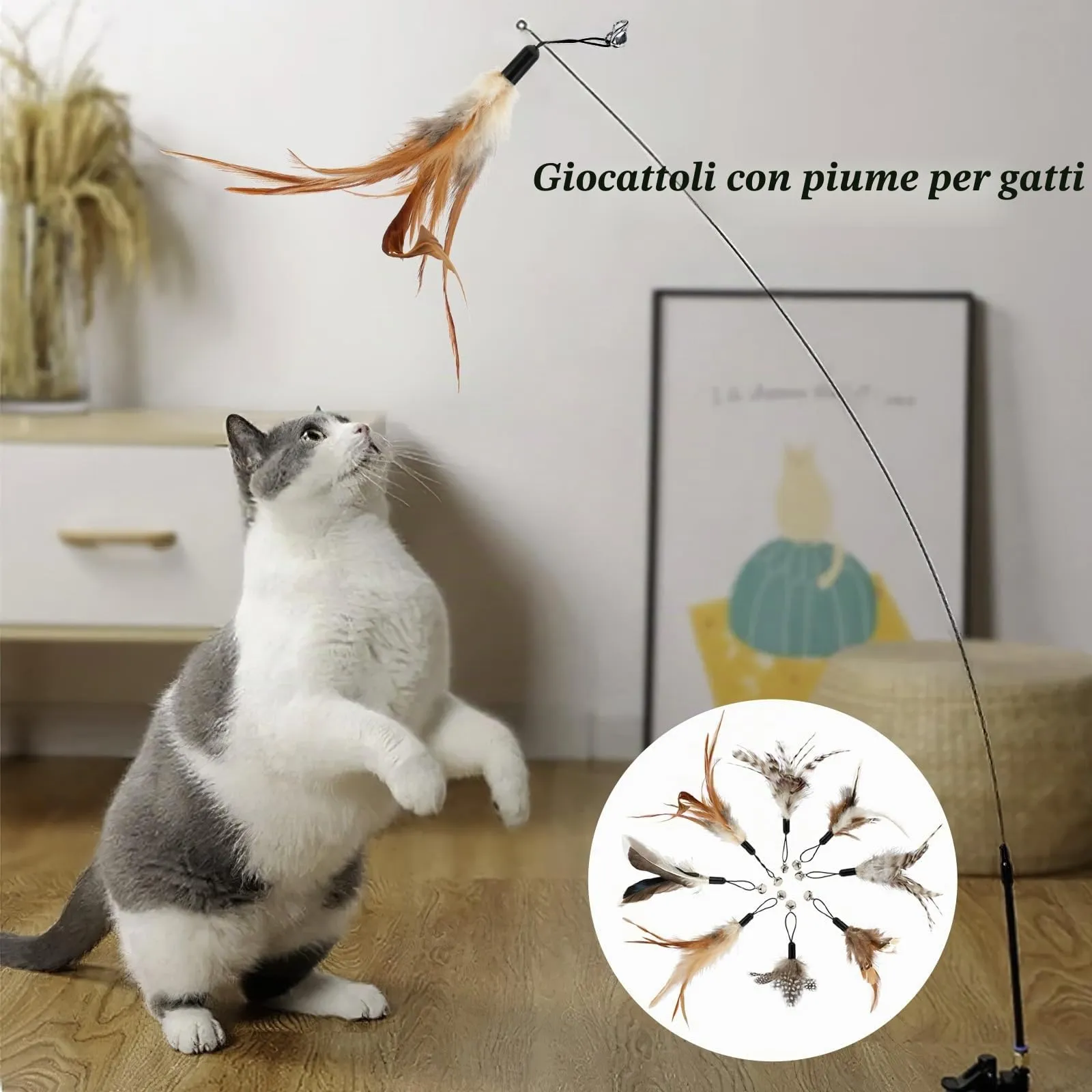 SRIZIAN 8 Pezzi Giocattoli Piume Gatto con Campanelli, Giocattolo per Gatti Teaser Piume,Ricariche Piume Ricambio con Campane, Giocattolo da Gioco per Palestra per gattino o gatto - immagine 4