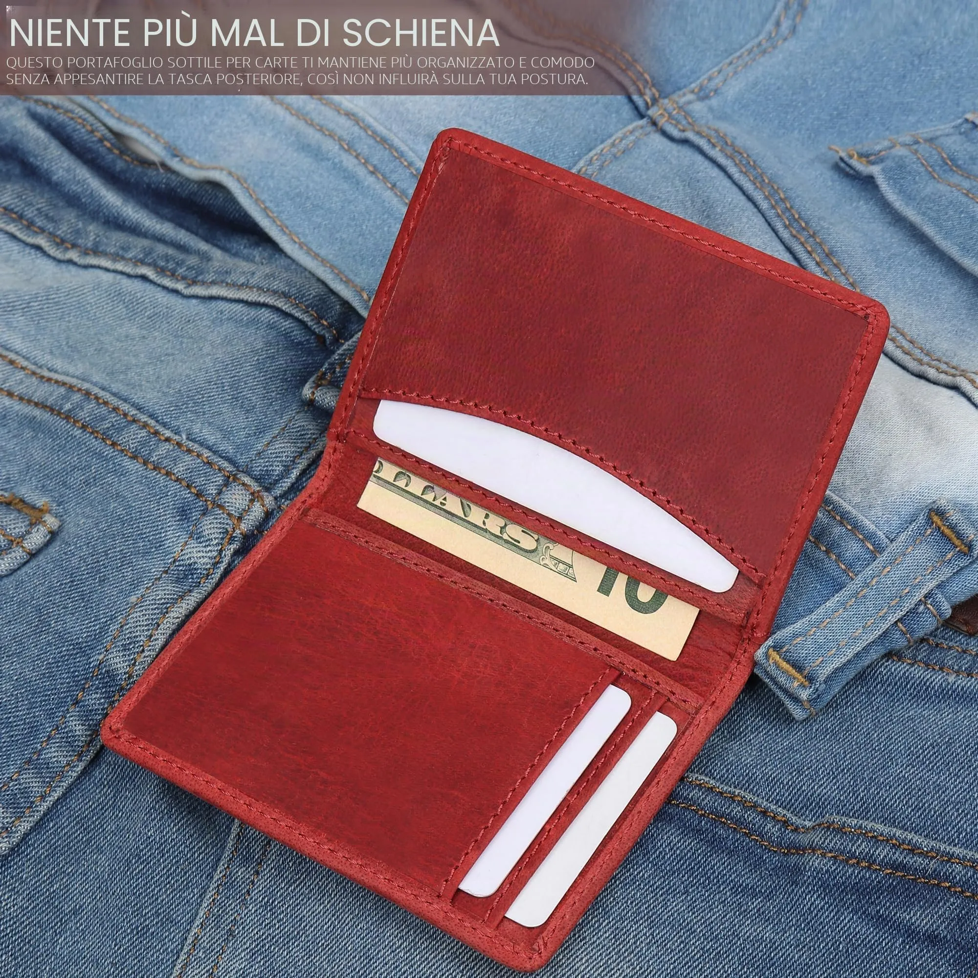 FOXHACKLE Portafoglio in pelle per carte di credito per donna e uomo, sottile portafoglio bifold con blocco RFID, tasca anteriore stretta, portafoglio minimalista, piccolo porta carte - immagine 3