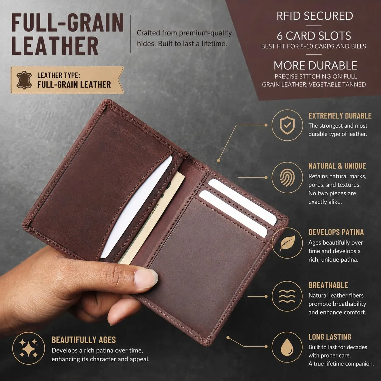 Portafoglio in pelle Portacarte di credito per uomini e donne, portafoglio con blocco RFID sottile tasca anteriore, custodia per carte di credito sottile, Hunter Coffee Brown, 10.2 cm x 0.5 cm x 7.6 - immagine 2