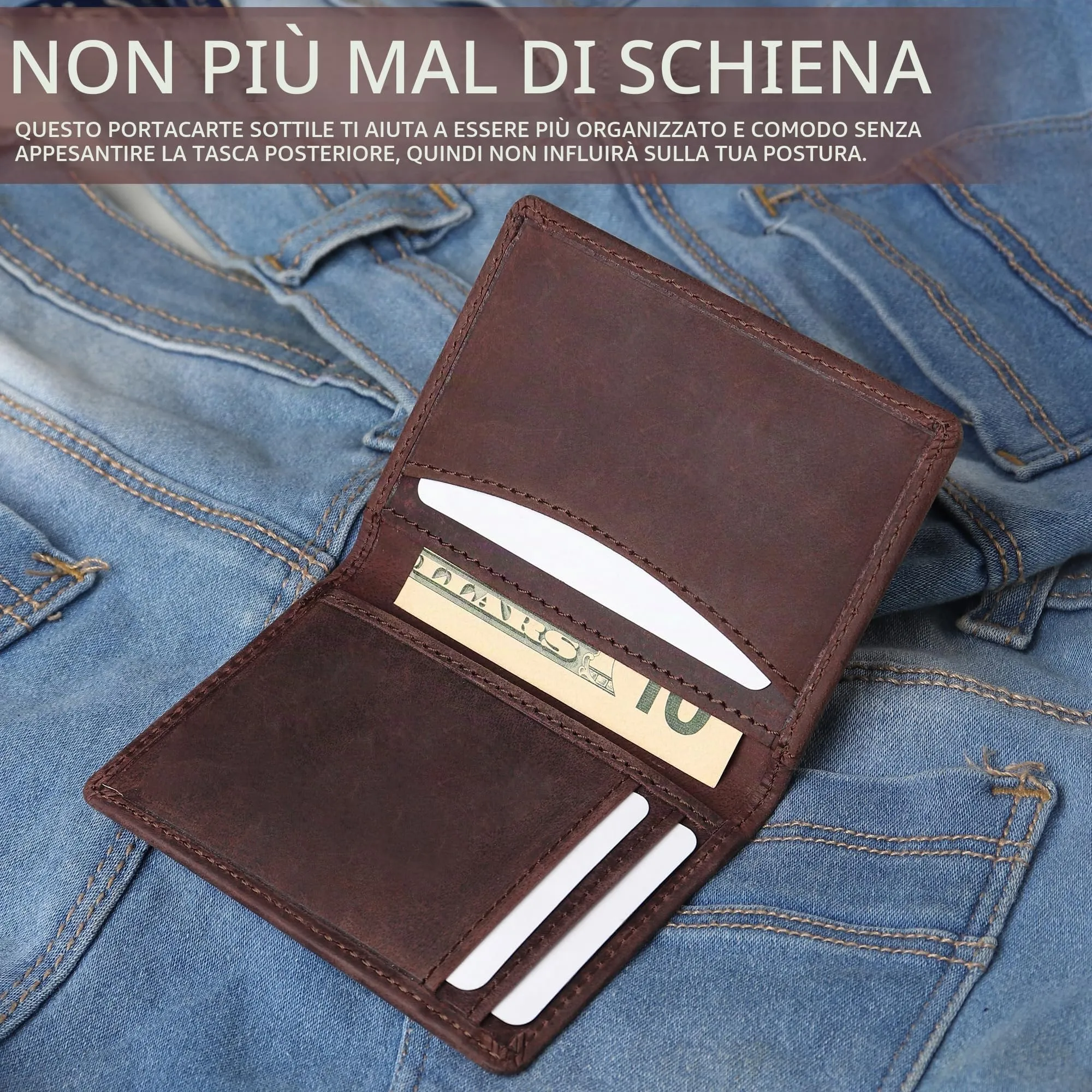 Portafoglio in pelle Portacarte di credito per uomini e donne, portafoglio con blocco RFID sottile tasca anteriore, custodia per carte di credito sottile, Hunter Coffee Brown, 10.2 cm x 0.5 cm x 7.6 - immagine 3