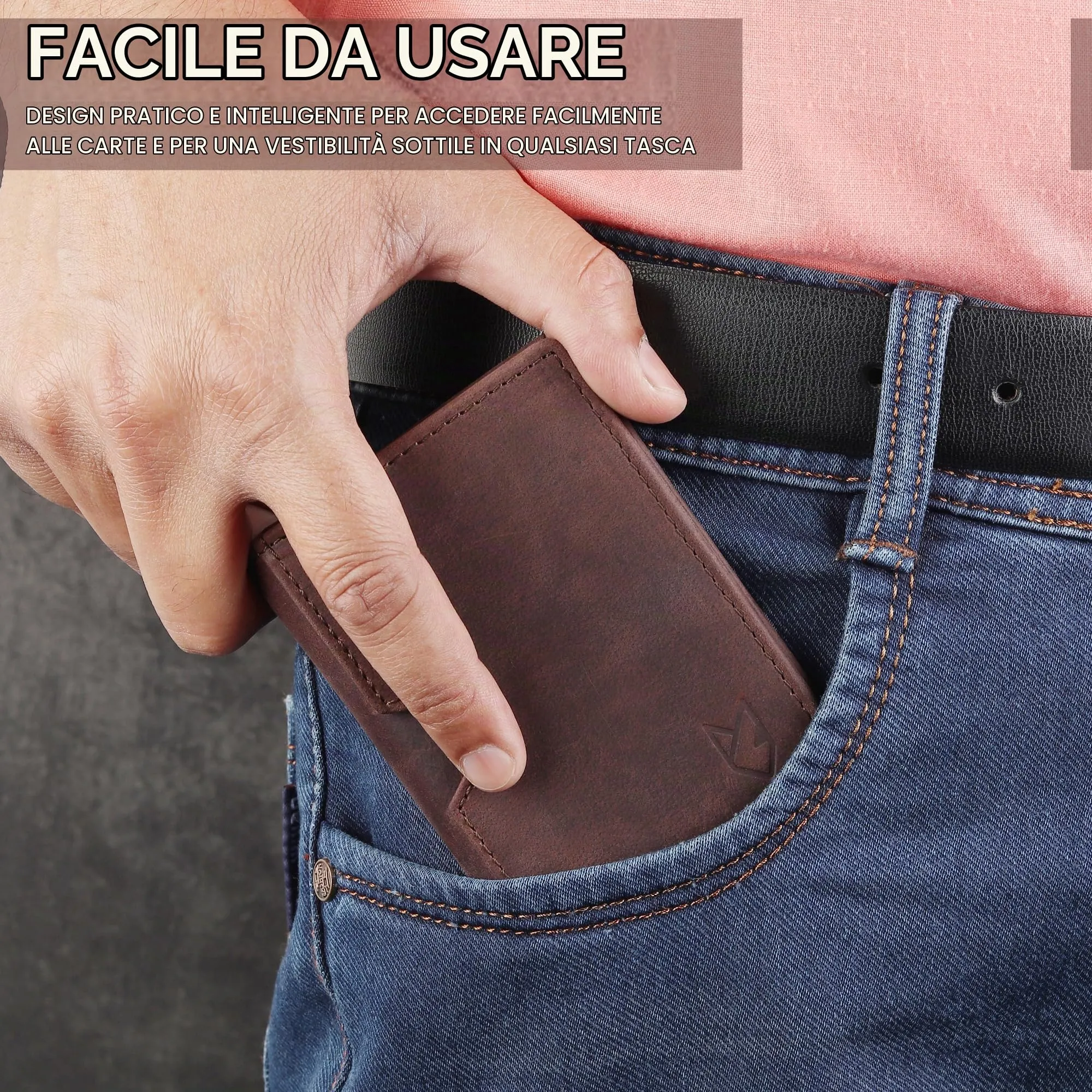 Portafoglio in pelle Portacarte di credito per uomini e donne, portafoglio con blocco RFID sottile tasca anteriore, custodia per carte di credito sottile, Hunter Coffee Brown, 10.2 cm x 0.5 cm x 7.6 - immagine 5