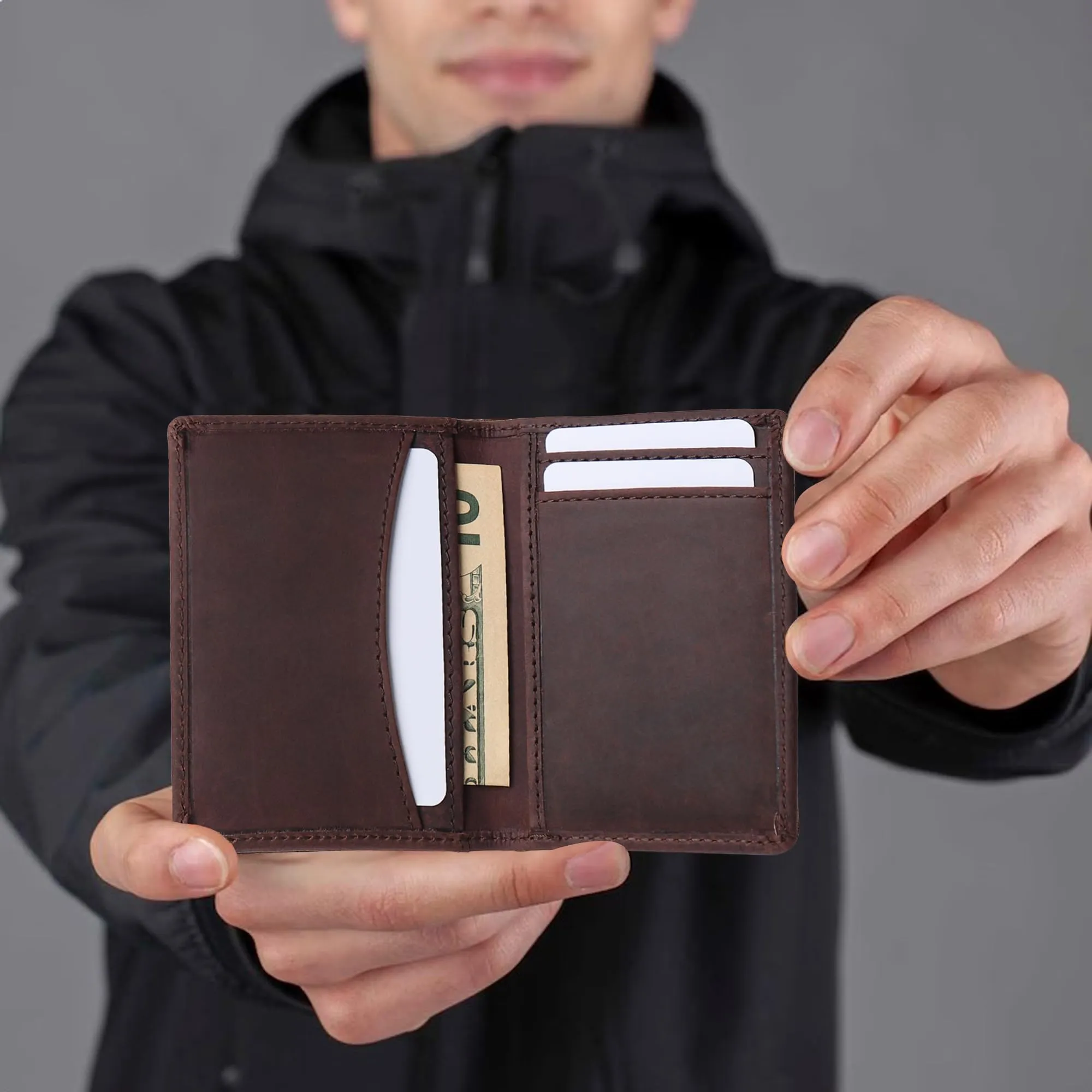 Portafoglio in pelle Portacarte di credito per uomini e donne, portafoglio con blocco RFID sottile tasca anteriore, custodia per carte di credito sottile, Hunter Coffee Brown, 10.2 cm x 0.5 cm x 7.6 - immagine 6