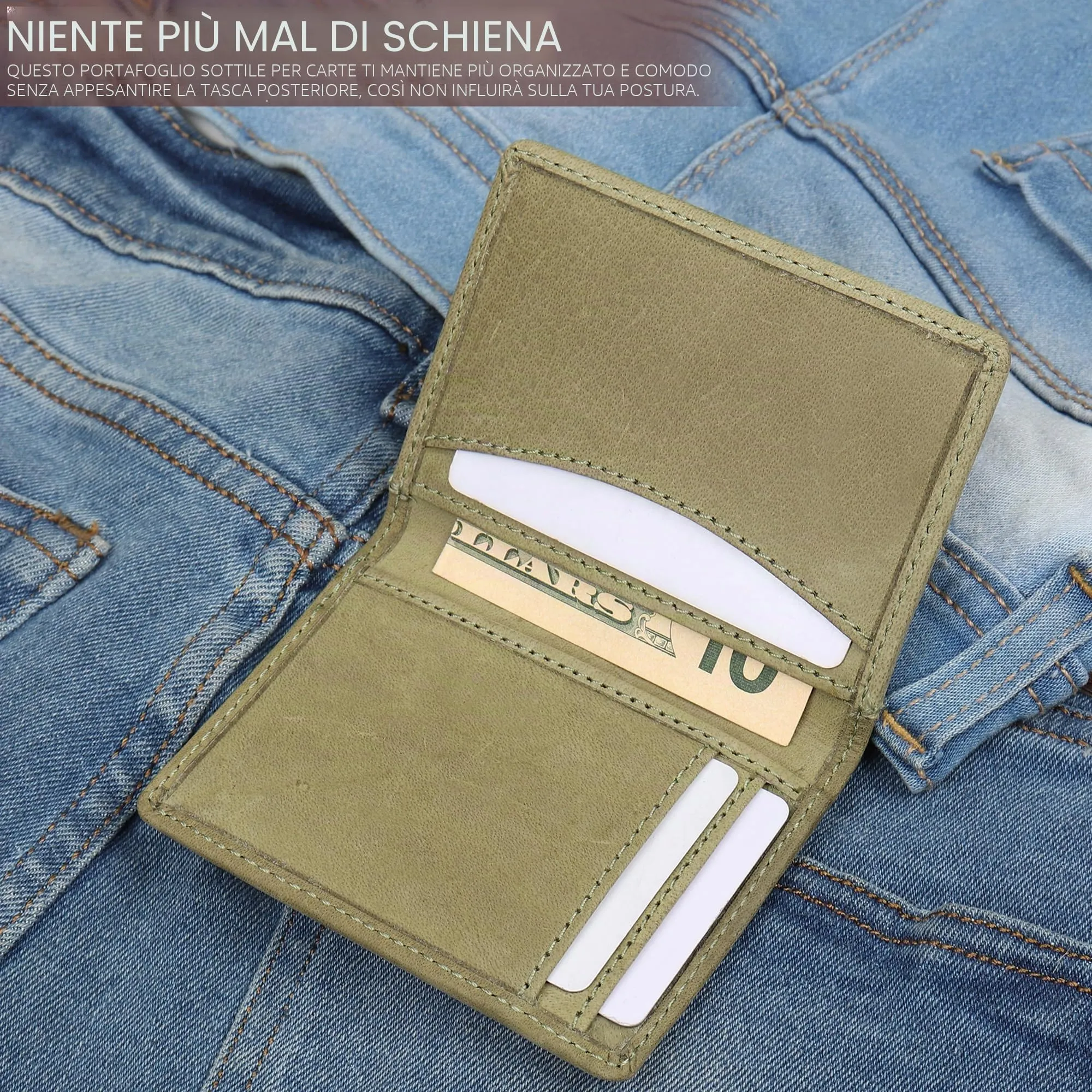 FOXHACKLE Portafoglio porta carte di credito in pelle per uomini e donne, portafoglio sottile bifold con blocco RFID, tasca frontale sottile portafoglio minimalista, piccola custodia per carte, Verde - immagine 3