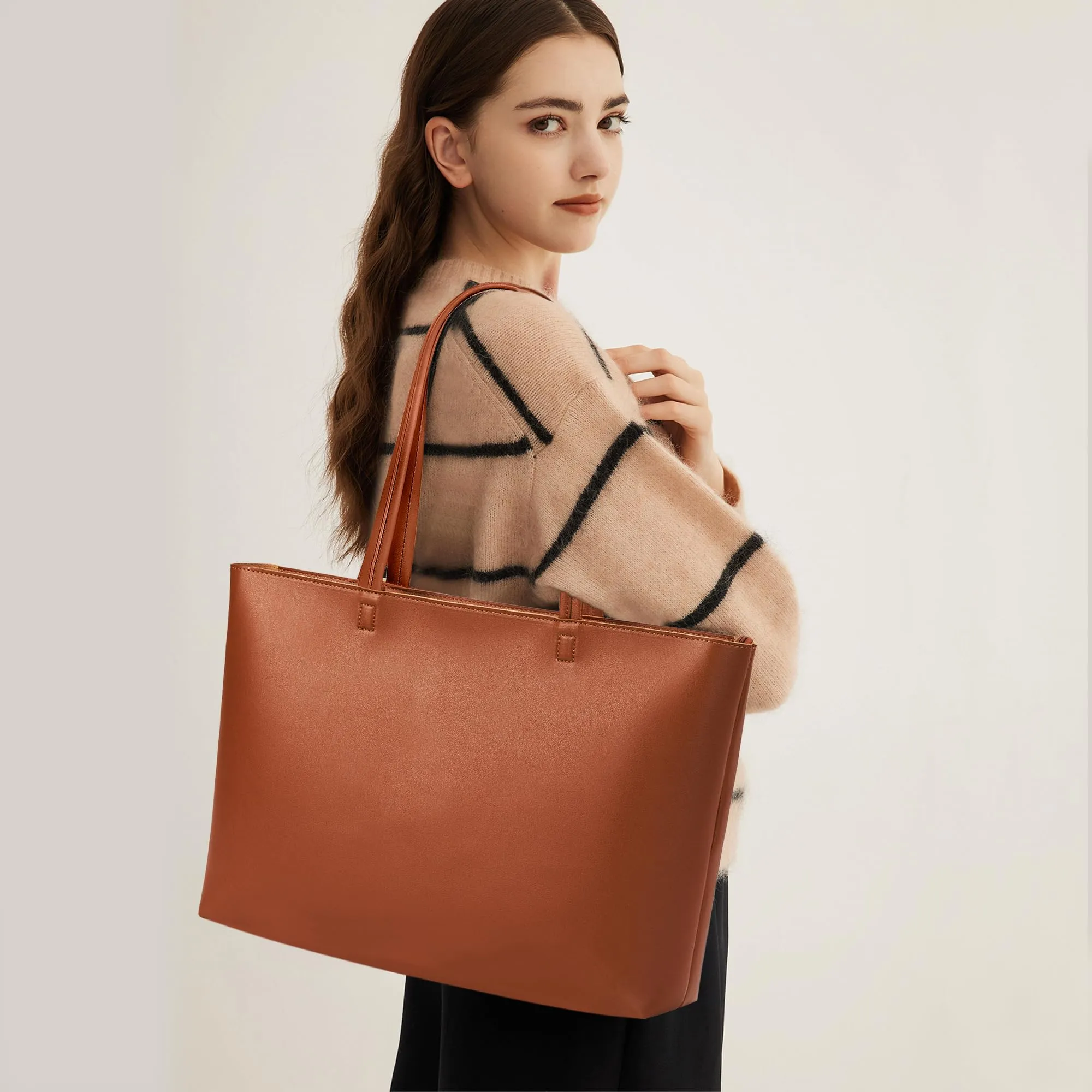 KALIDI - Grande borsa a mano da donna in pelle sintetica PU, shopper, tote bag, impermeabile, con chiusura lampo, per lavoro, viaggi, shopping, scuola - immagine 2