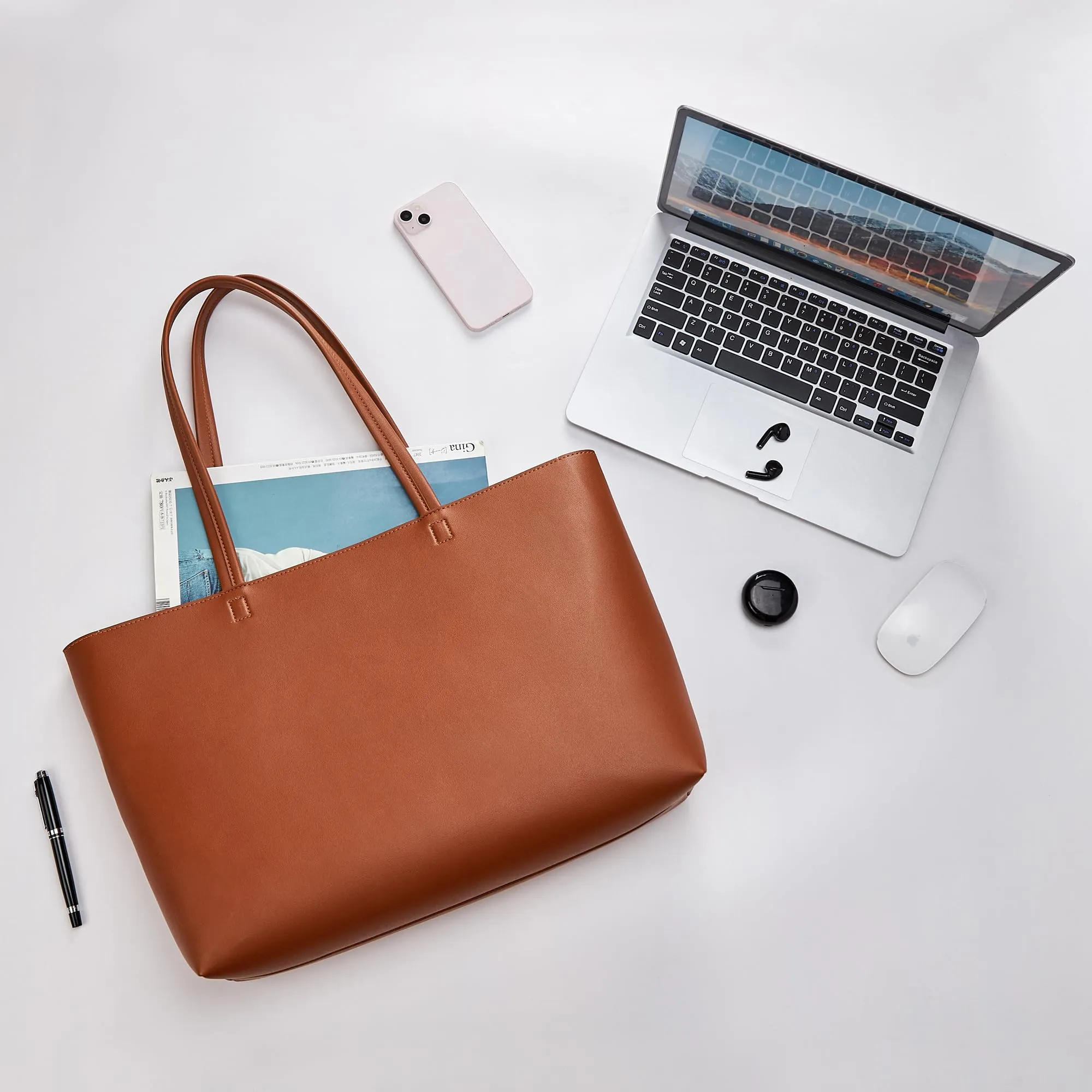 KALIDI - Grande borsa a mano da donna in pelle sintetica PU, shopper, tote bag, impermeabile, con chiusura lampo, per lavoro, viaggi, shopping, scuola - immagine 5