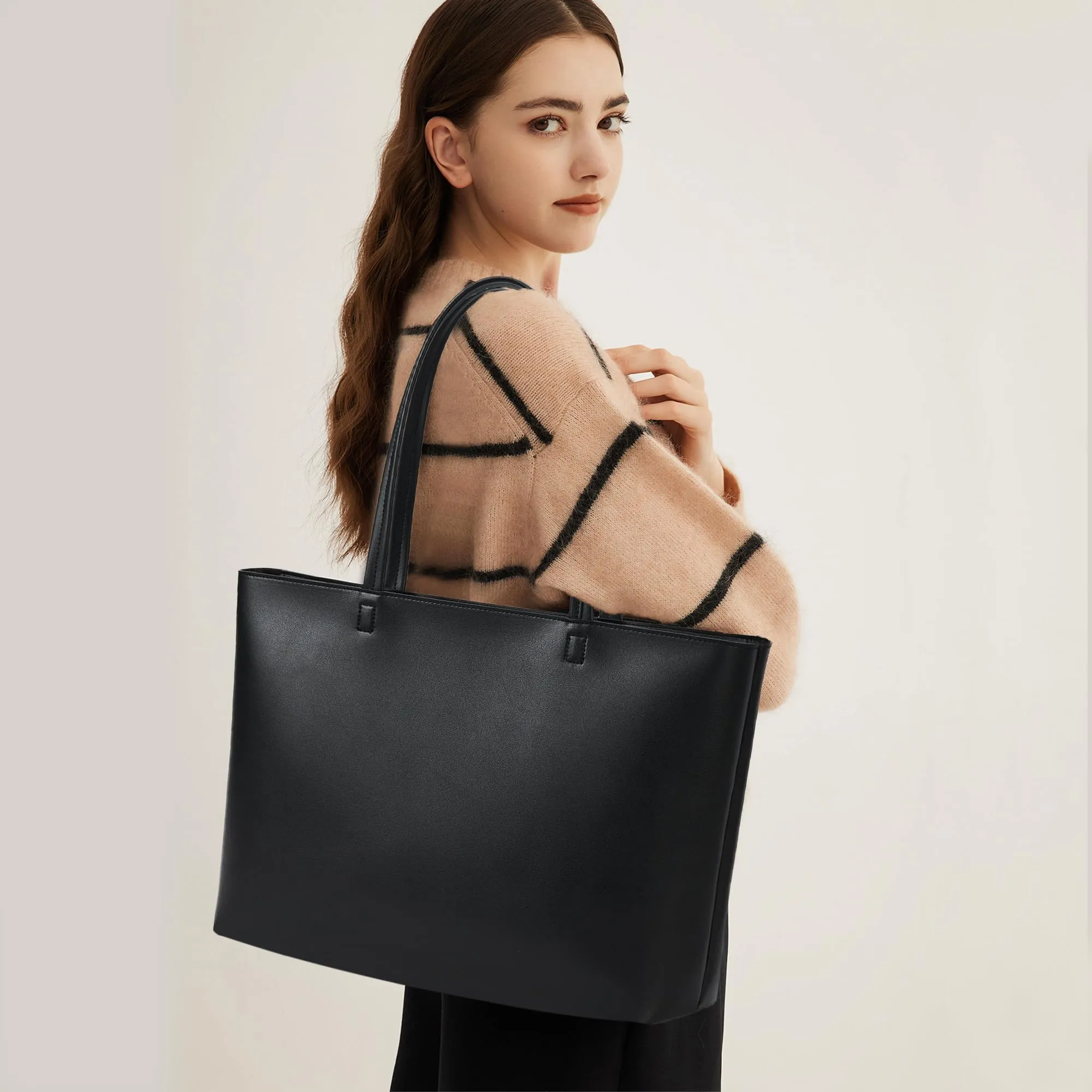 KALIDI, Borsa larga da donna, con cerniera, impermeabile, in poliuretano, per lavoro, scuola, viaggi, uso quotidiano, Nero-L, Large - immagine 2