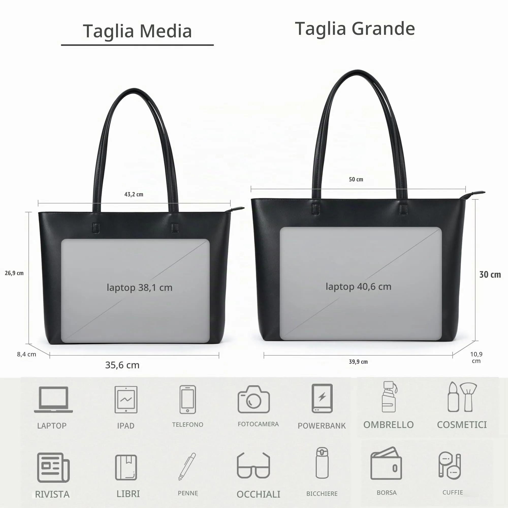 KALIDI, Borsa larga da donna, con cerniera, impermeabile, in poliuretano, per lavoro, scuola, viaggi, uso quotidiano, Nero-L, Large - immagine 3