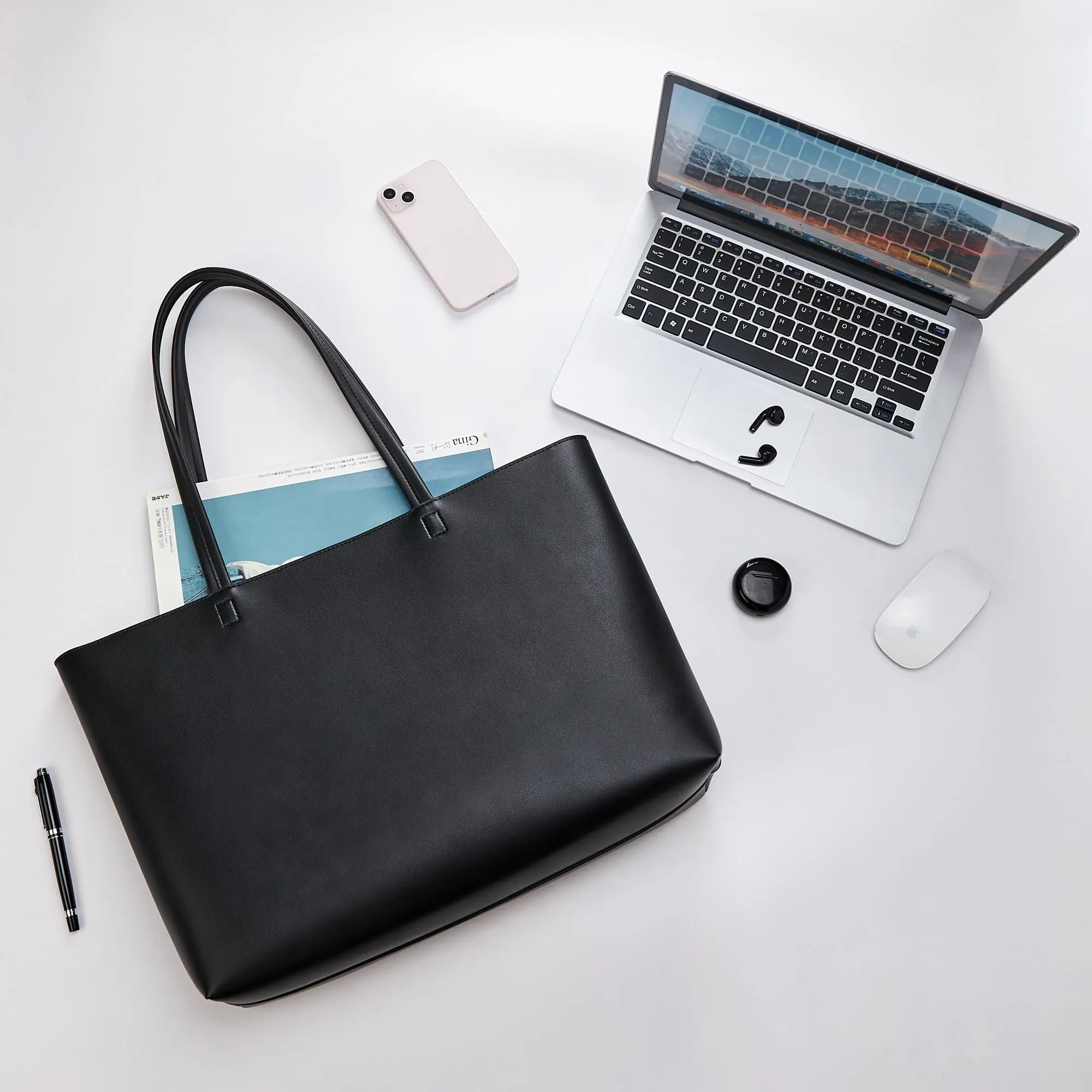 KALIDI, Borsa larga da donna, con cerniera, impermeabile, in poliuretano, per lavoro, scuola, viaggi, uso quotidiano, Nero-L, Large - immagine 6