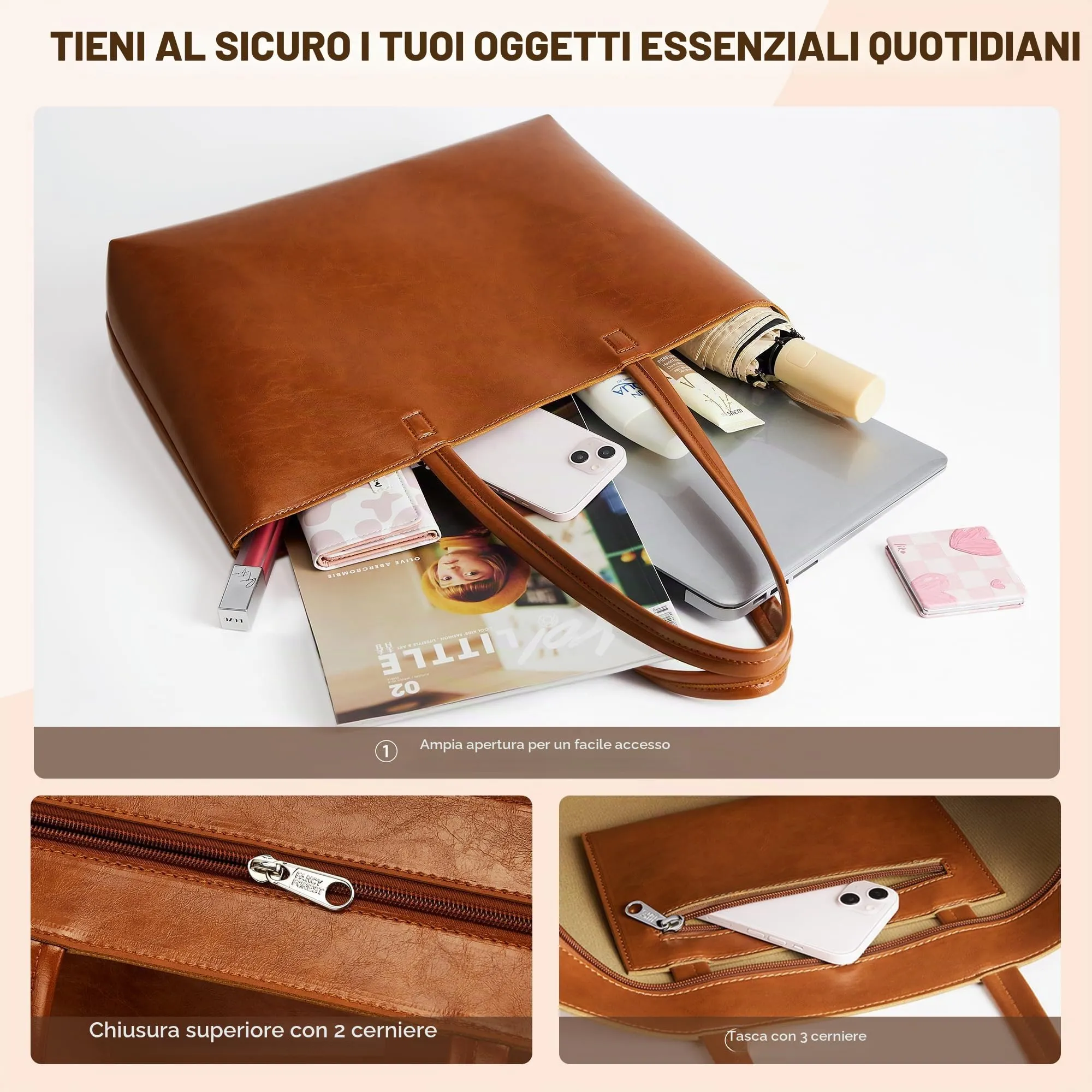 KALIDI, Borsa larga da donna, con cerniera, impermeabile, in poliuretano, per lavoro, scuola, viaggi, uso quotidiano, Marrone-3 - immagine 4