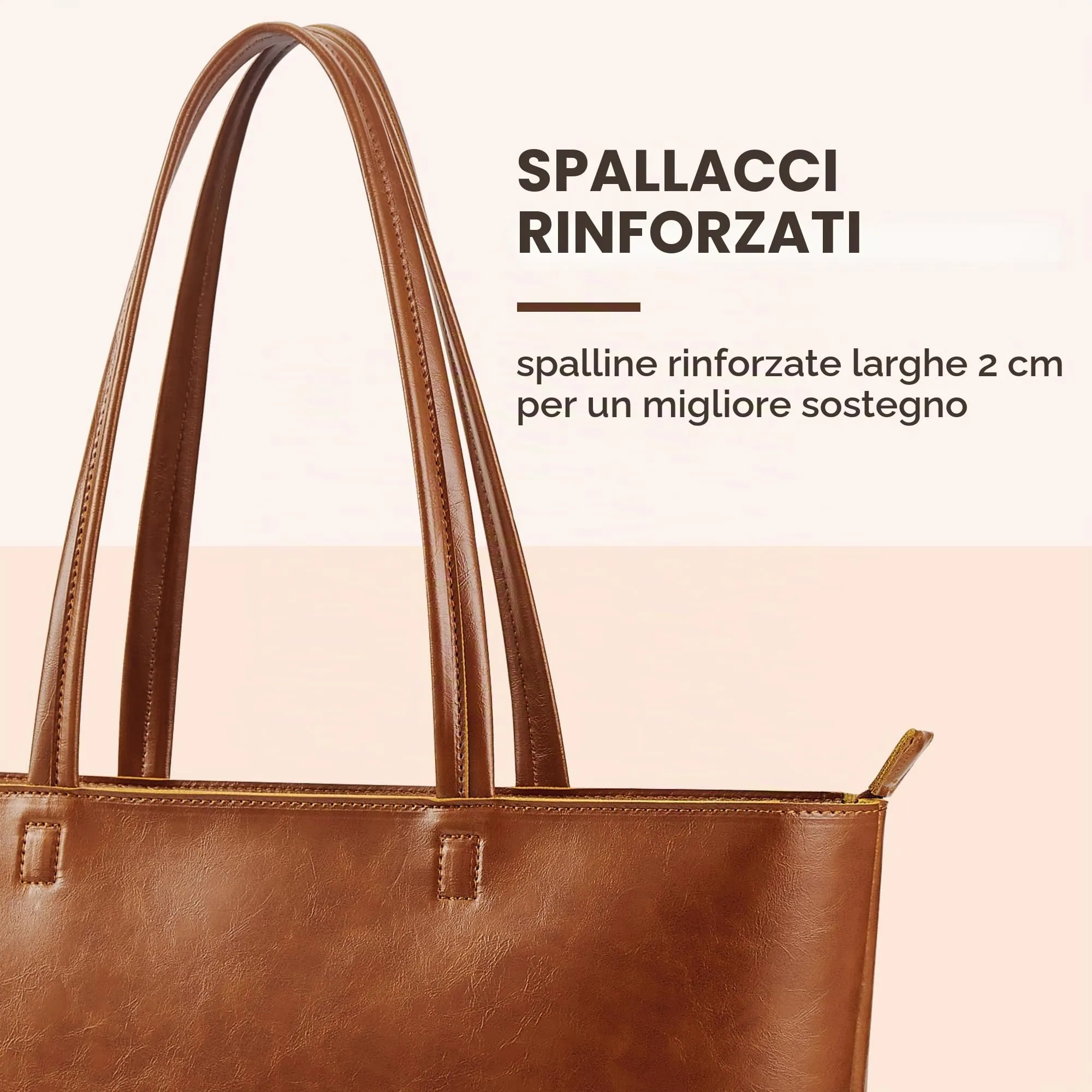 KALIDI, Borsa larga da donna, con cerniera, impermeabile, in poliuretano, per lavoro, scuola, viaggi, uso quotidiano, Marrone-3 - immagine 5