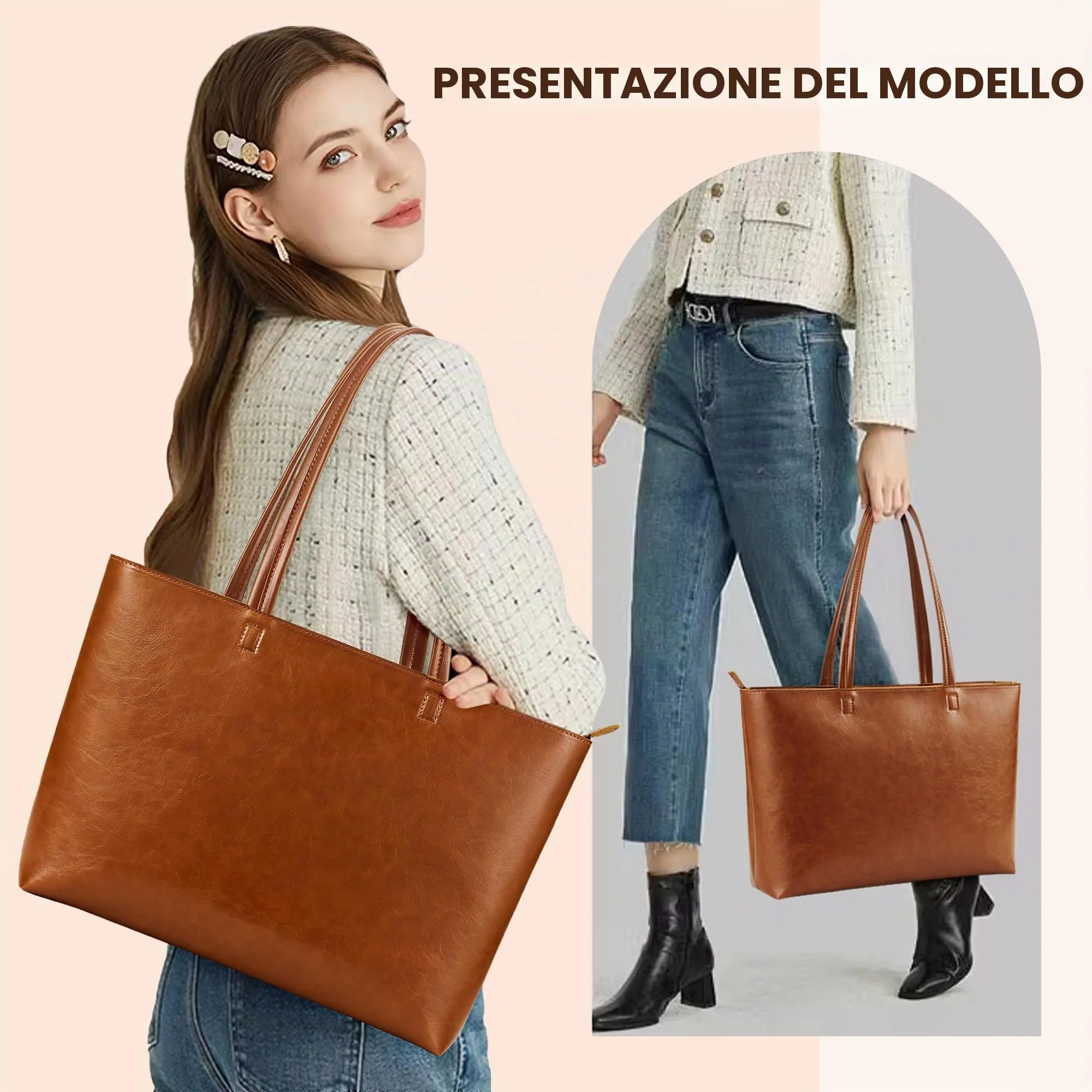 KALIDI, Borsa larga da donna, con cerniera, impermeabile, in poliuretano, per lavoro, scuola, viaggi, uso quotidiano, Marrone-3 - immagine 6