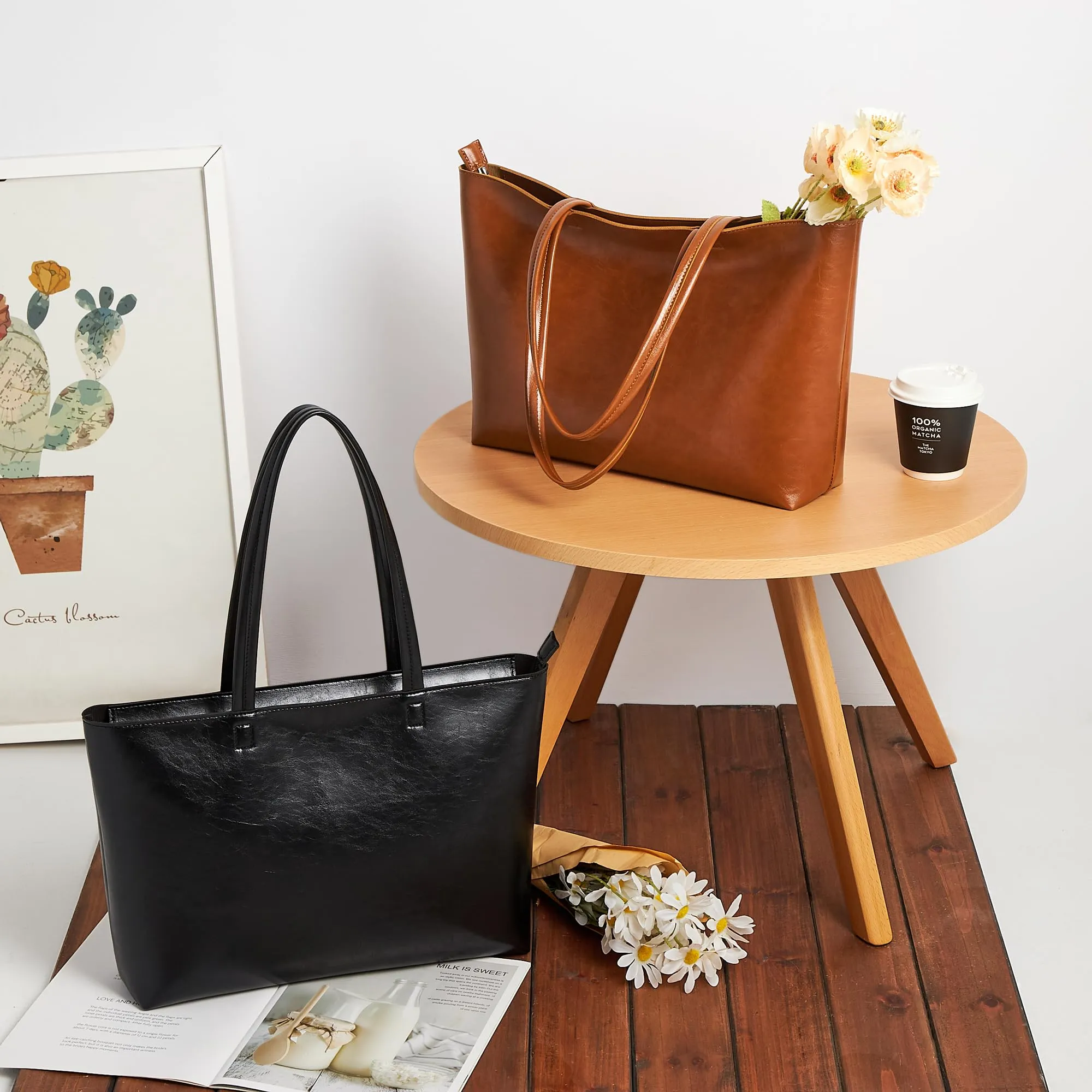 KALIDI, Borsa larga da donna, con cerniera, impermeabile, in poliuretano, per lavoro, scuola, viaggi, uso quotidiano, Nero-3 - immagine 2