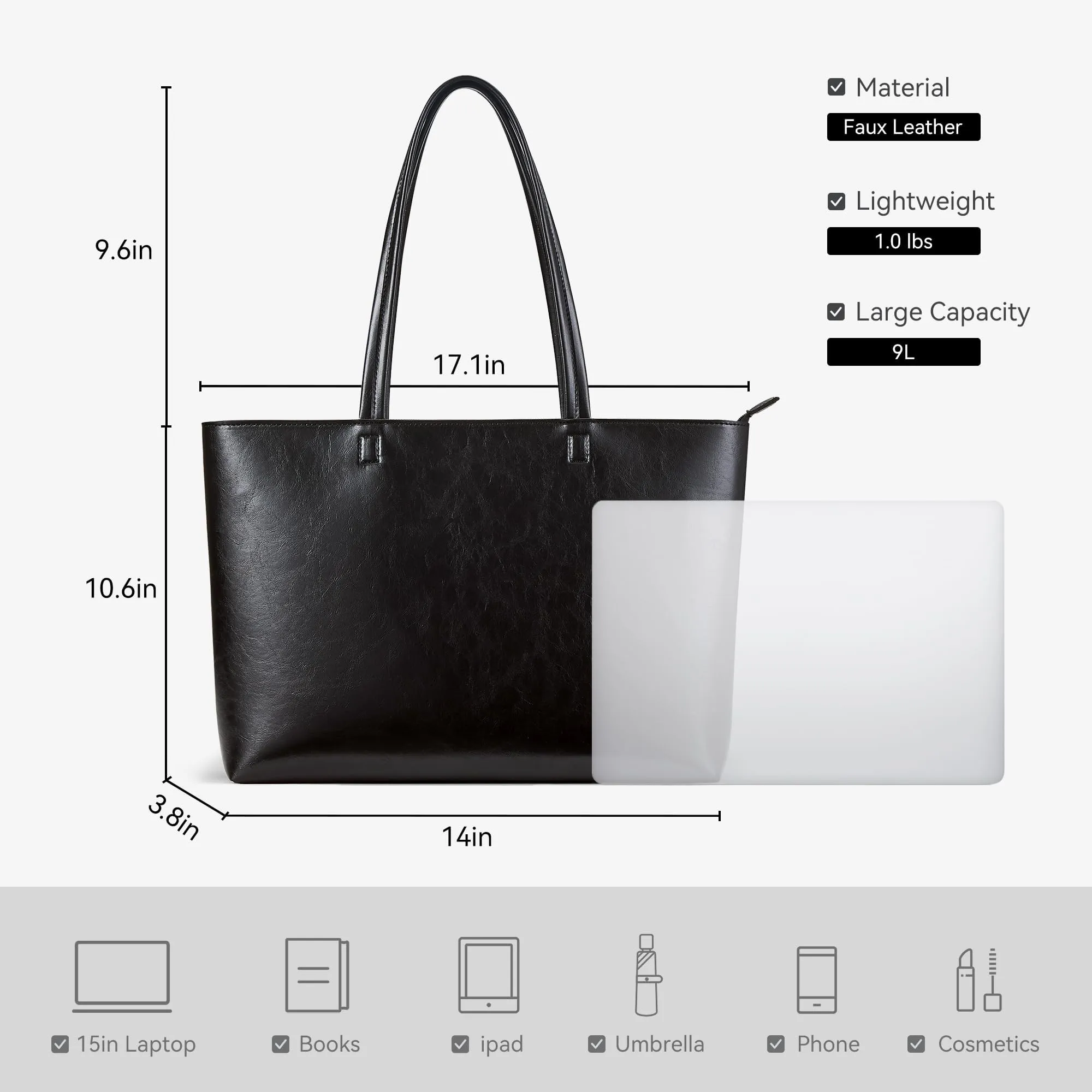 KALIDI, Borsa larga da donna, con cerniera, impermeabile, in poliuretano, per lavoro, scuola, viaggi, uso quotidiano, Nero-3 - immagine 3