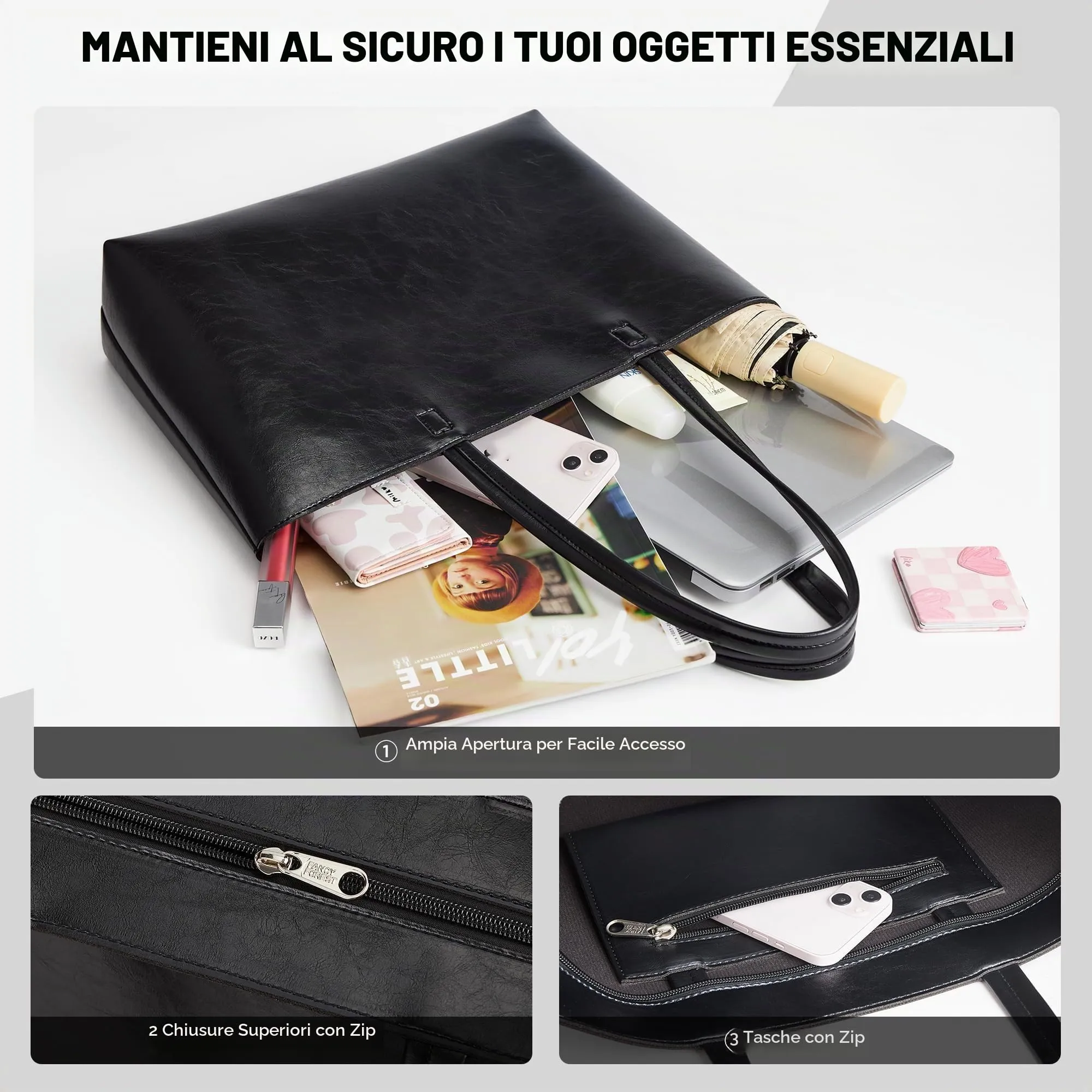 KALIDI, Borsa larga da donna, con cerniera, impermeabile, in poliuretano, per lavoro, scuola, viaggi, uso quotidiano, Nero-3 - immagine 4