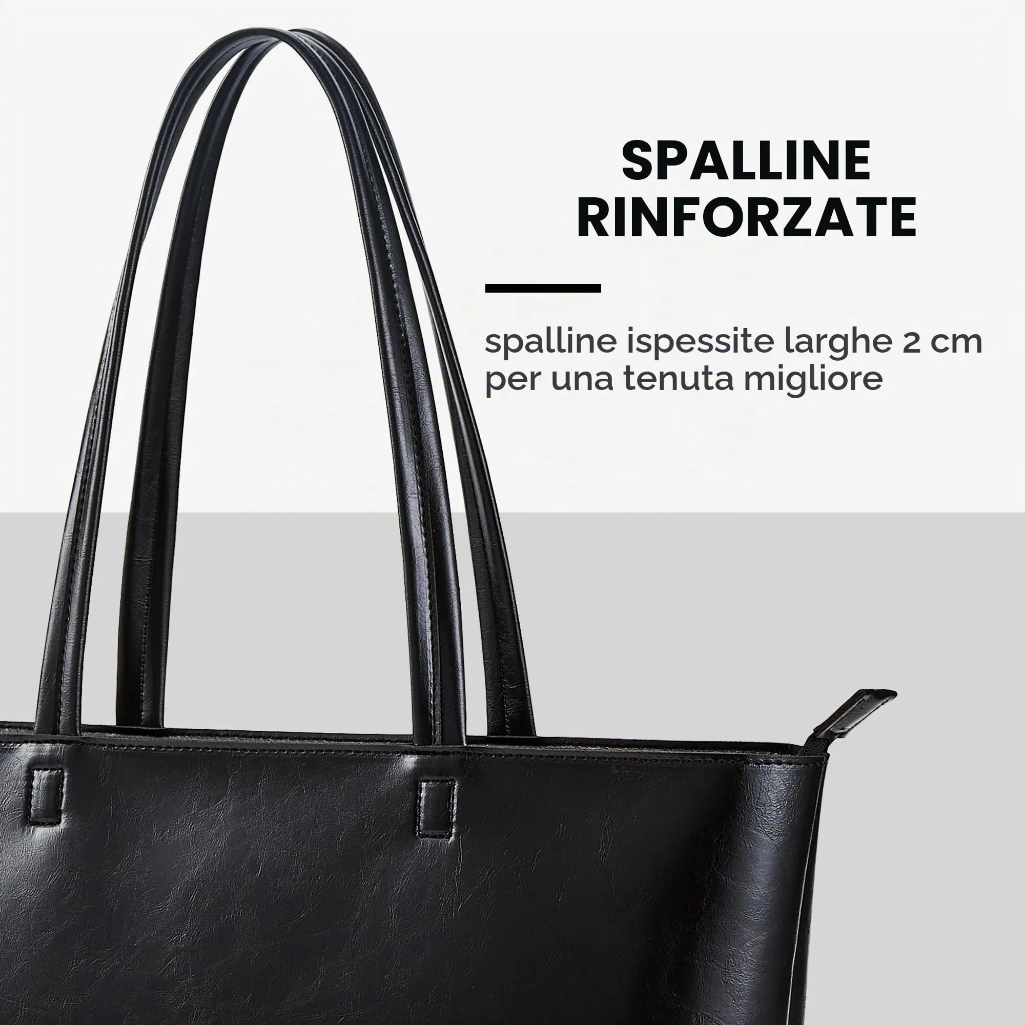 KALIDI, Borsa larga da donna, con cerniera, impermeabile, in poliuretano, per lavoro, scuola, viaggi, uso quotidiano, Nero-3 - immagine 5