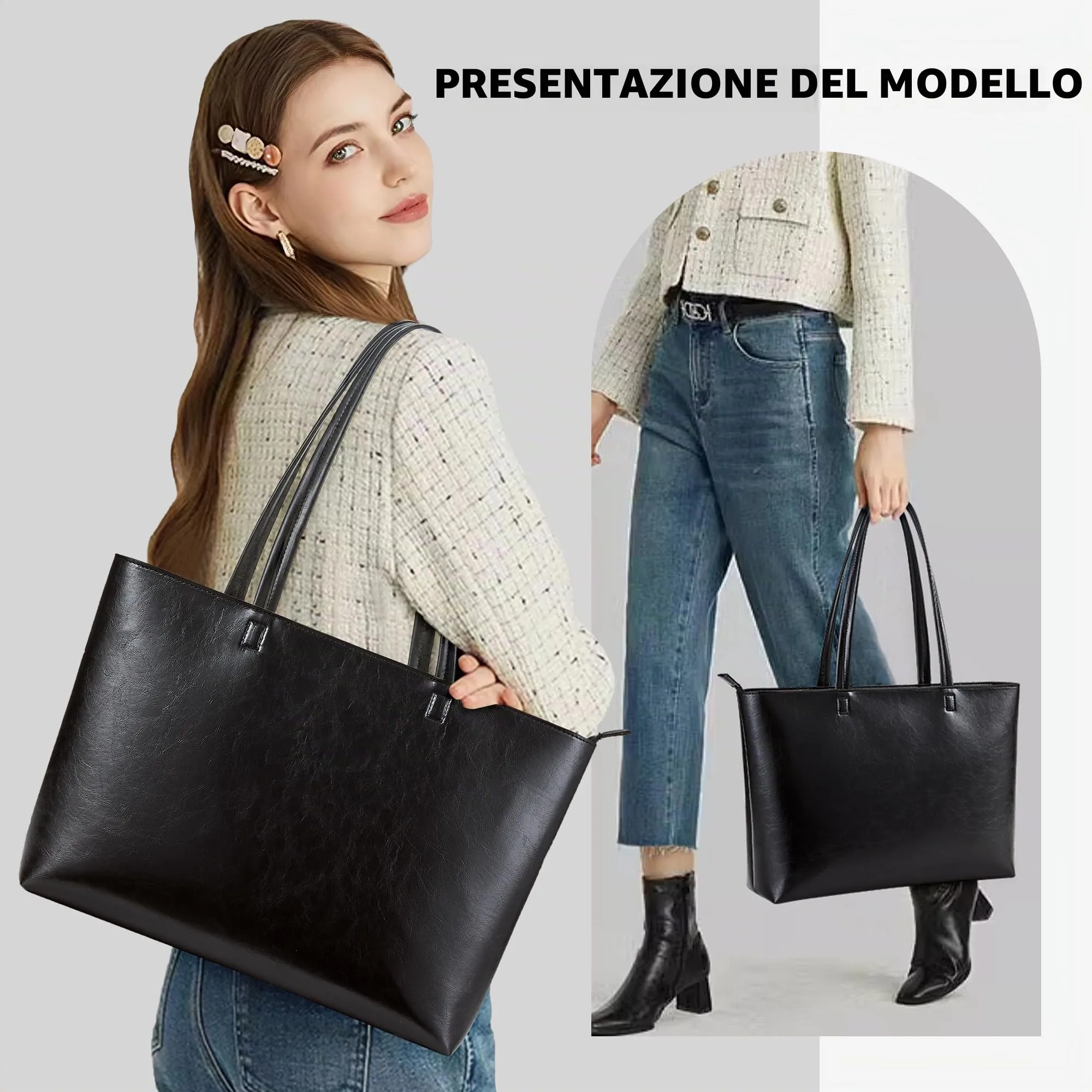 KALIDI, Borsa larga da donna, con cerniera, impermeabile, in poliuretano, per lavoro, scuola, viaggi, uso quotidiano, Nero-3 - immagine 6