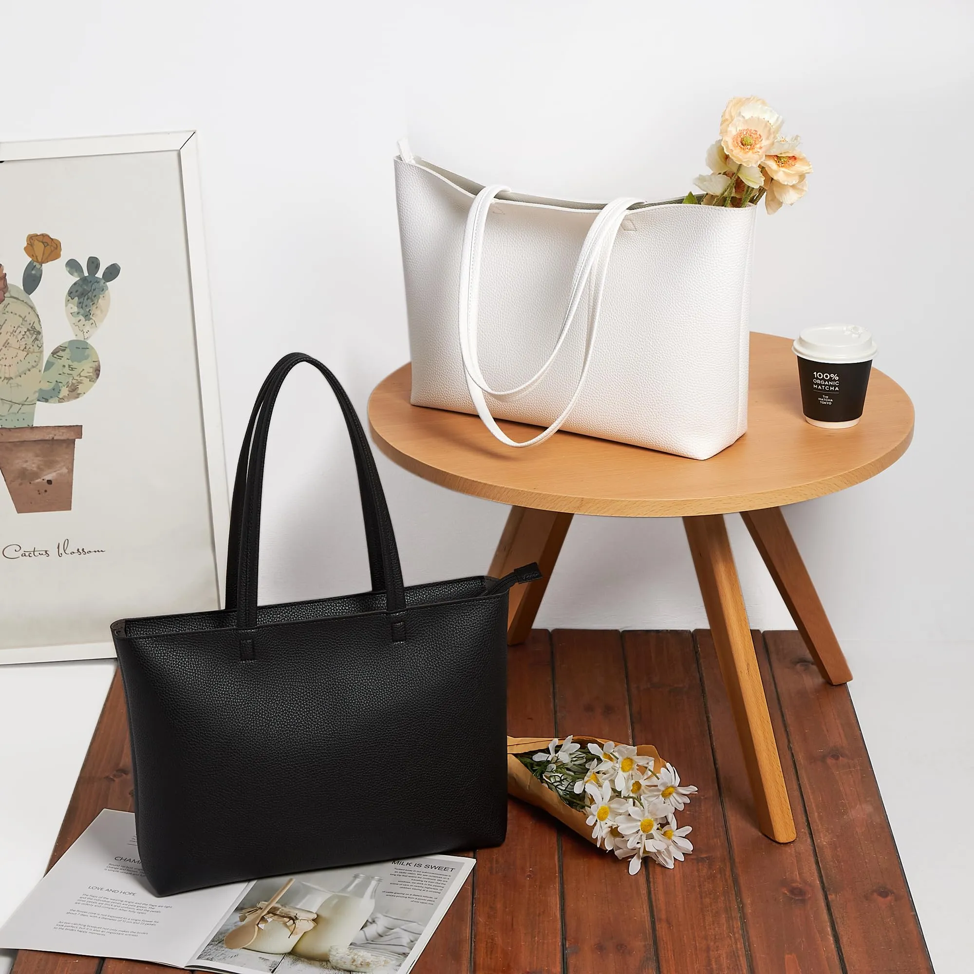 KALIDI, Borsa larga da donna, con cerniera, impermeabile, in poliuretano, per lavoro, scuola, viaggi, uso quotidiano, bianco-2, Large - immagine 2