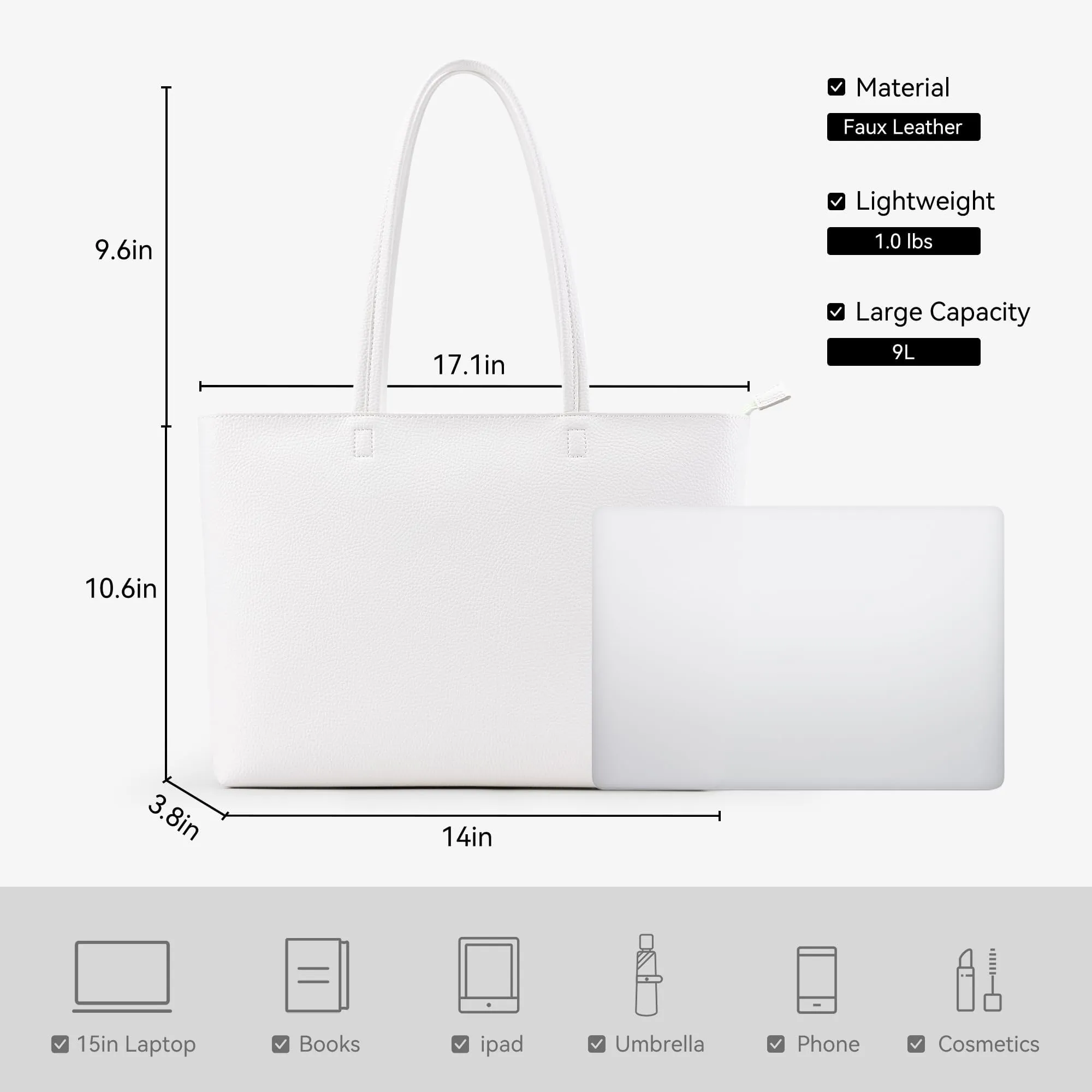 KALIDI, Borsa larga da donna, con cerniera, impermeabile, in poliuretano, per lavoro, scuola, viaggi, uso quotidiano, bianco-2, Large - immagine 3
