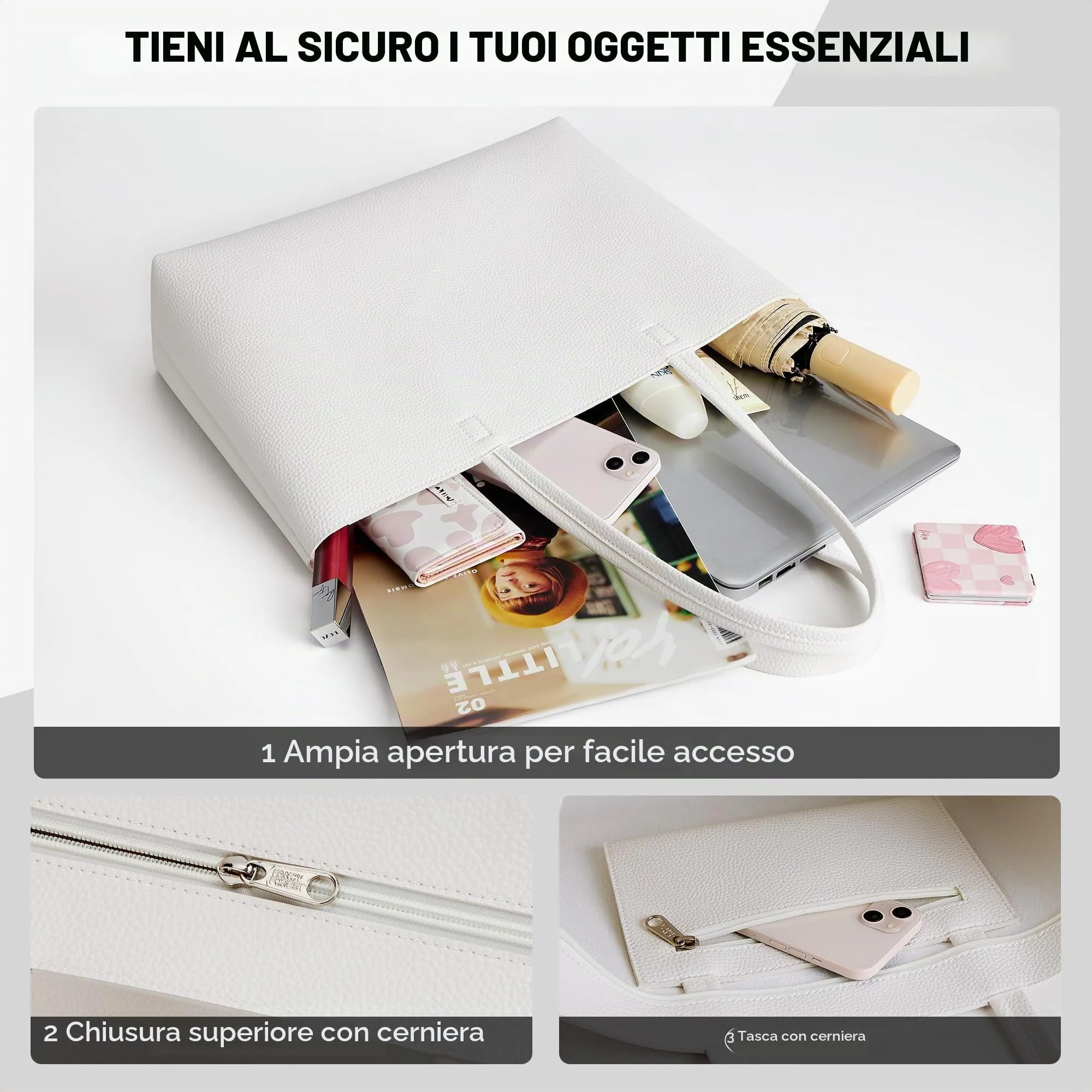 KALIDI, Borsa larga da donna, con cerniera, impermeabile, in poliuretano, per lavoro, scuola, viaggi, uso quotidiano, bianco-2, Large - immagine 4